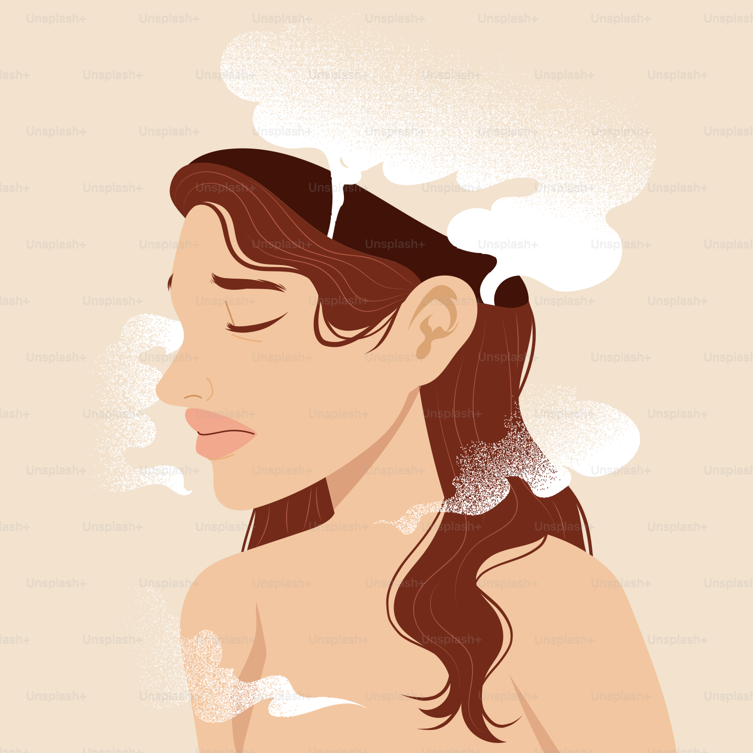 A woman with her eyes closed and steam coming out of her ears