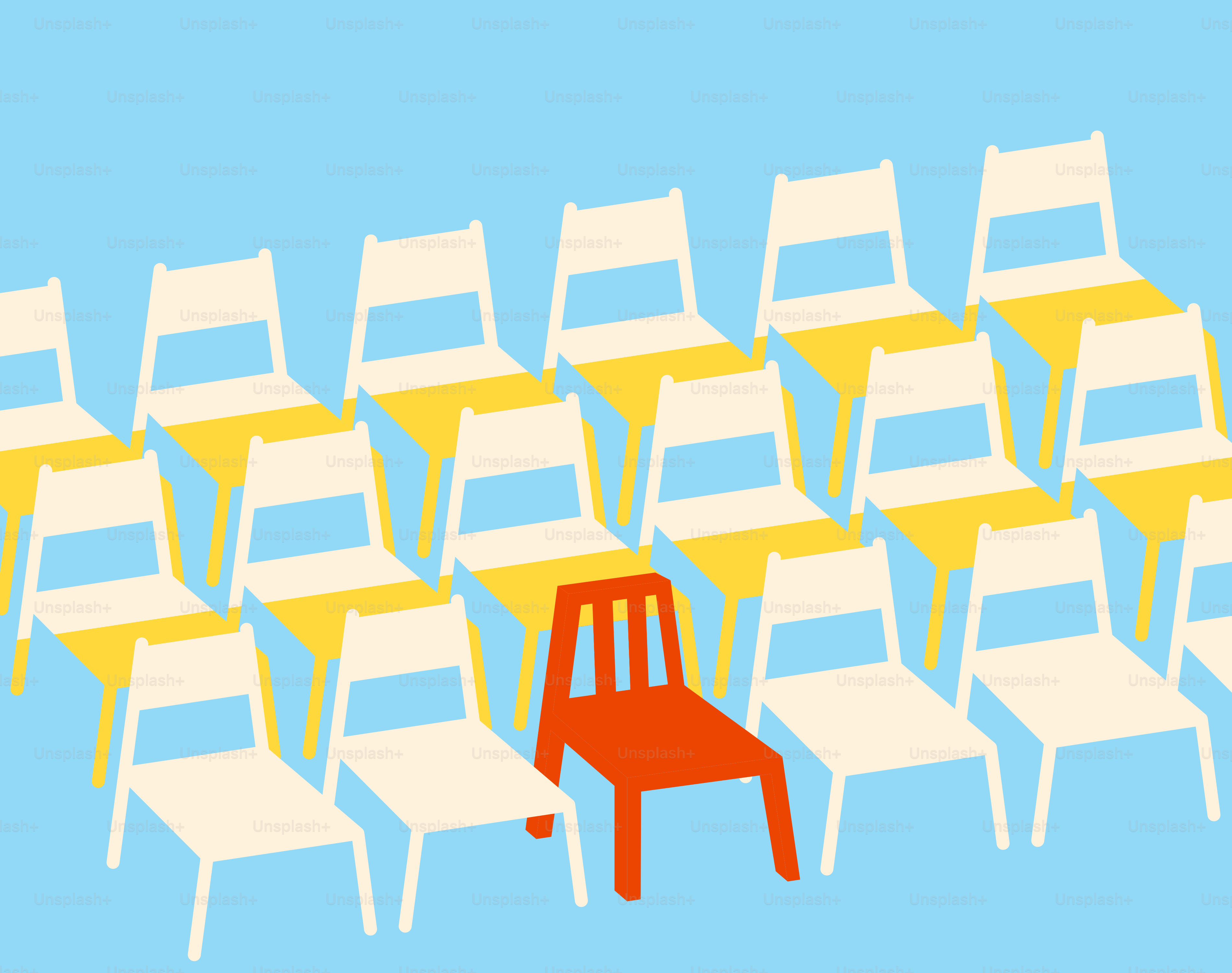 Ein roter Stuhl steht vor einer Reihe weißer Stühle