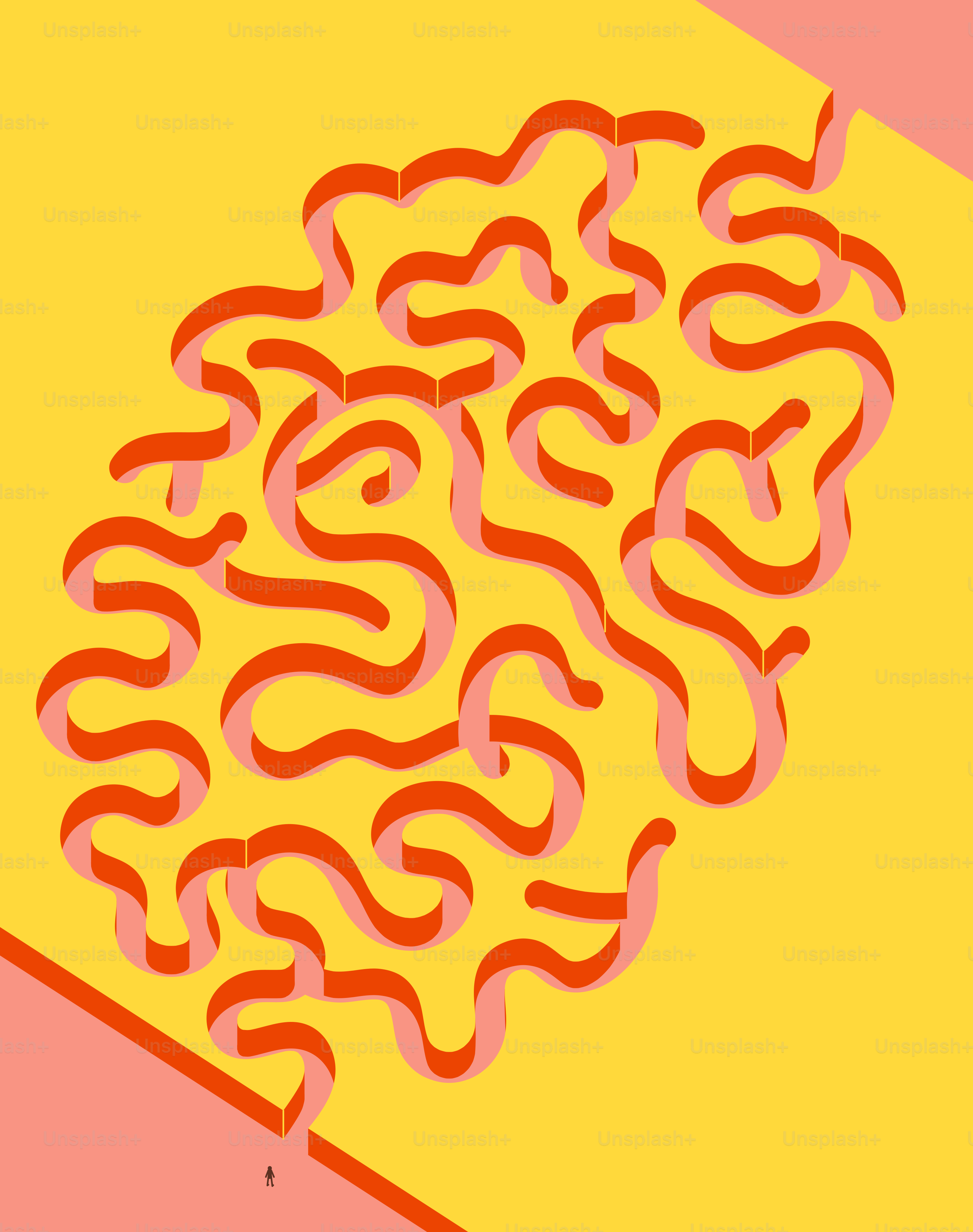 A yellow square with a bunch of red spirals on it