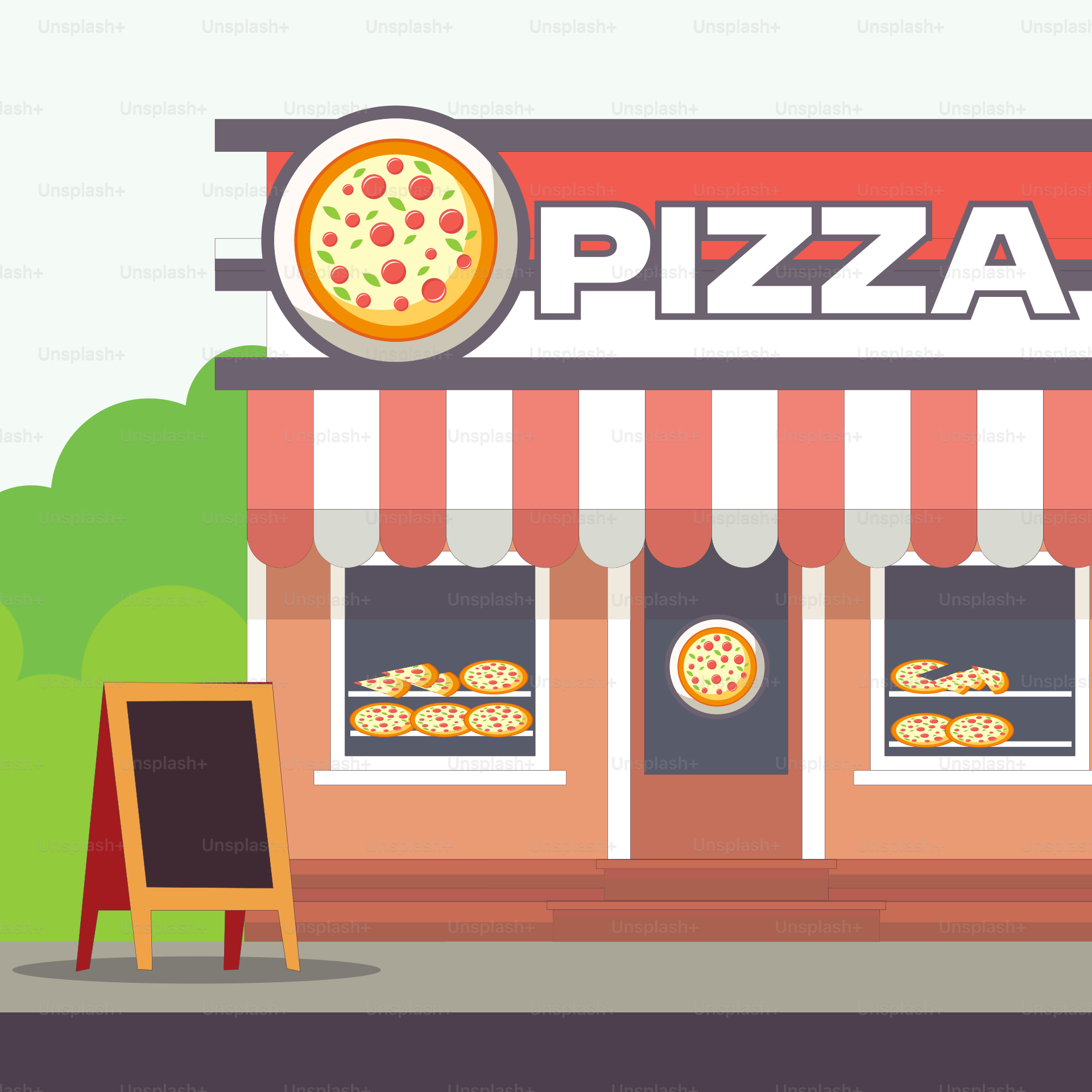 A pizza shop with a sign that says pizza shop