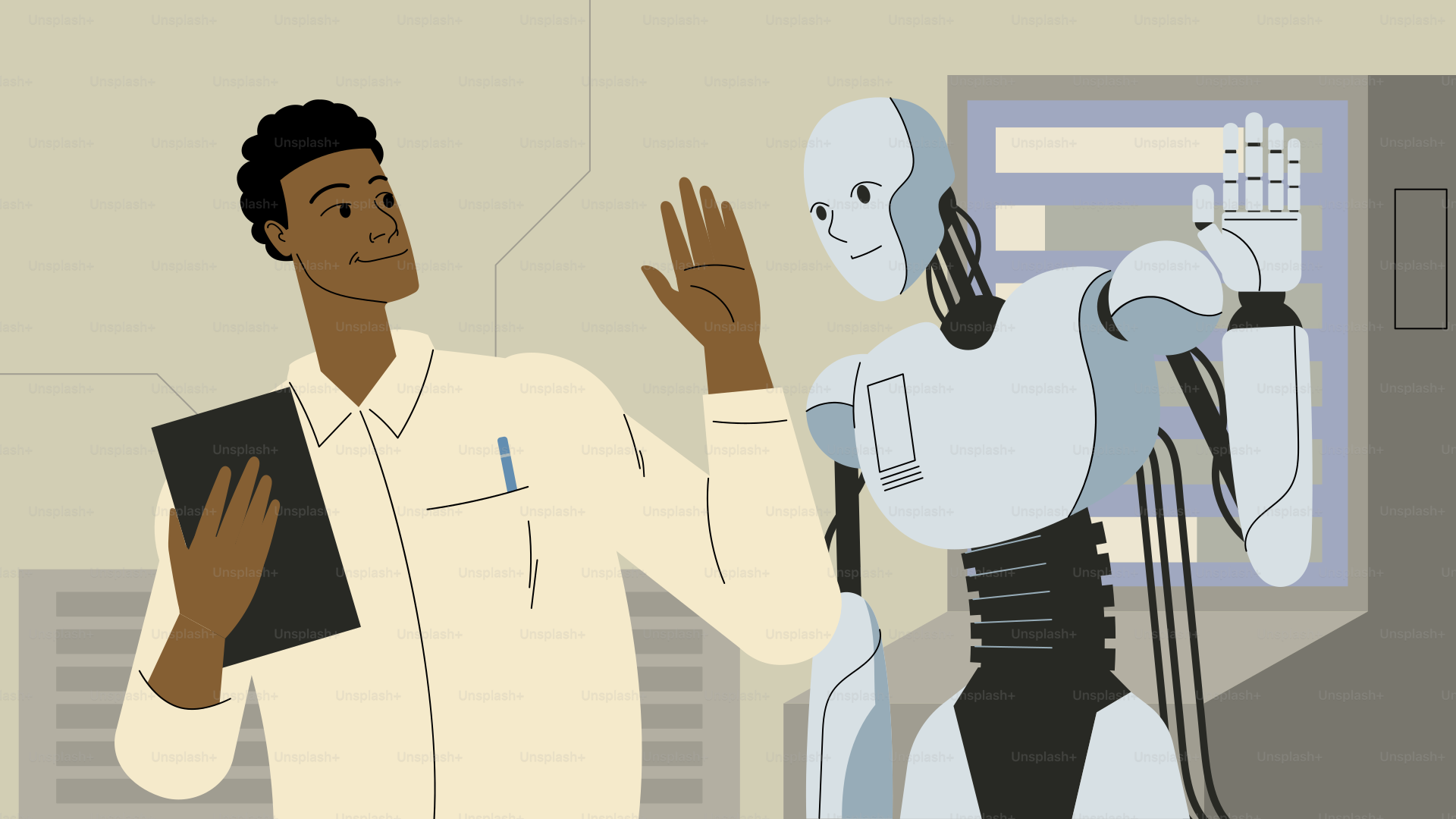 Ein Mann, der neben einem Roboter in einem Raum steht