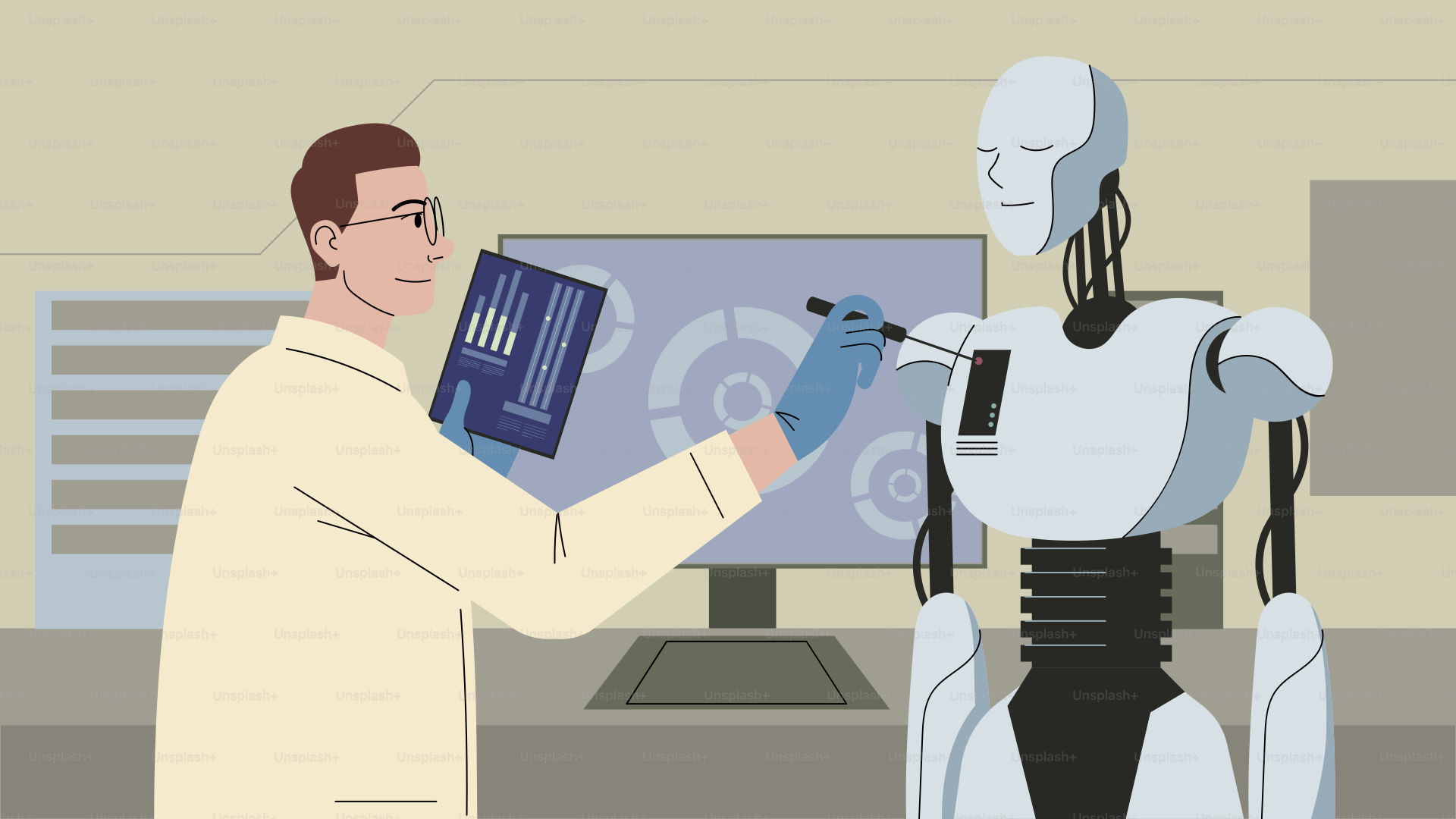 A man standing next to a robot holding a book