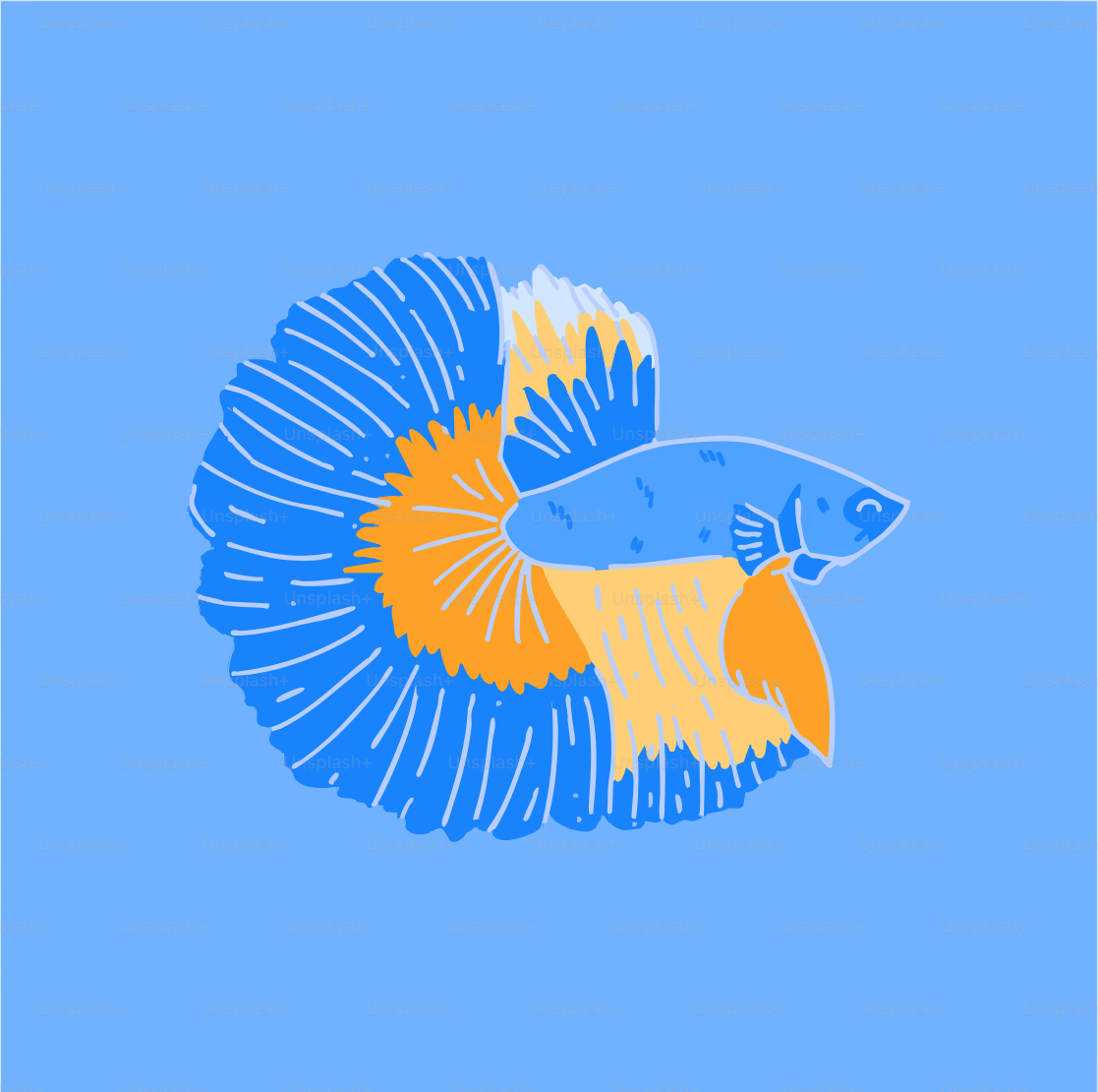 A blue and yellow fish with an orange tail