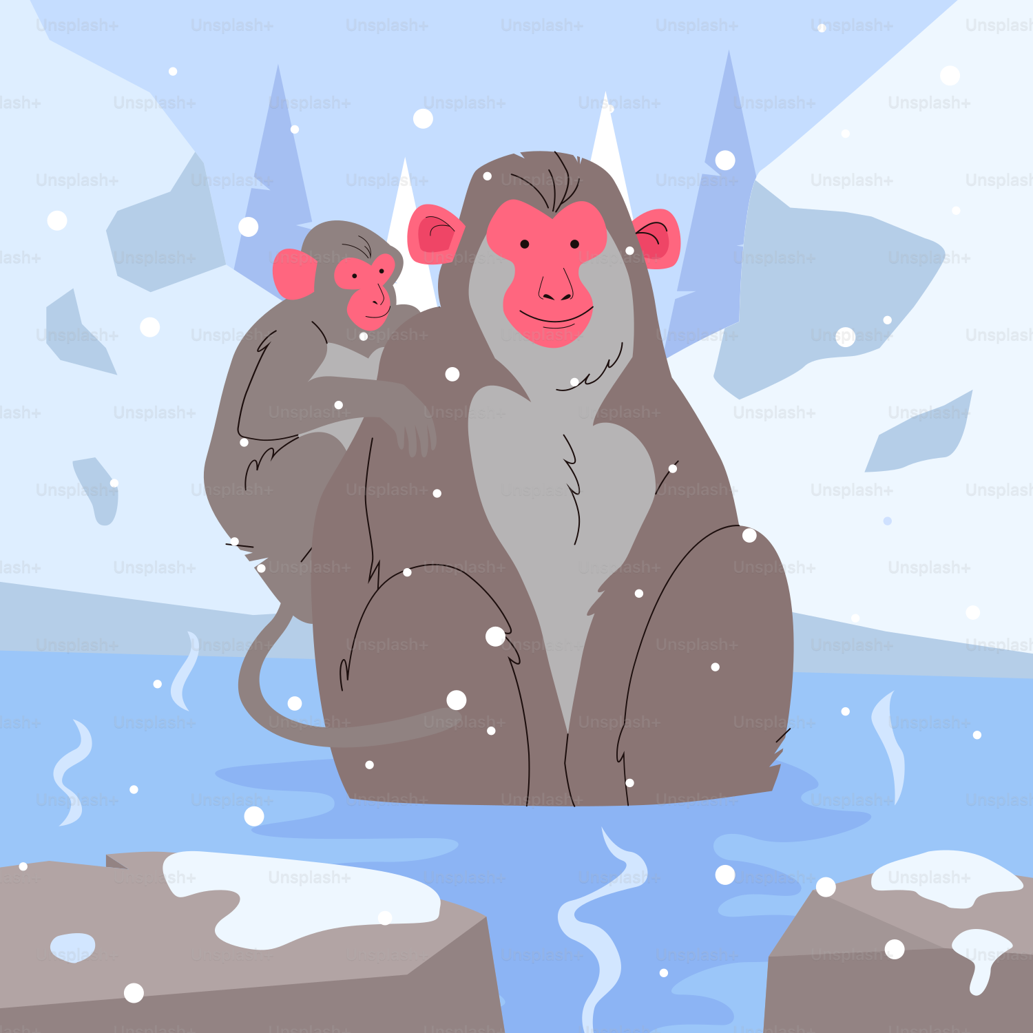 Um macaco sentado em uma rocha na neve