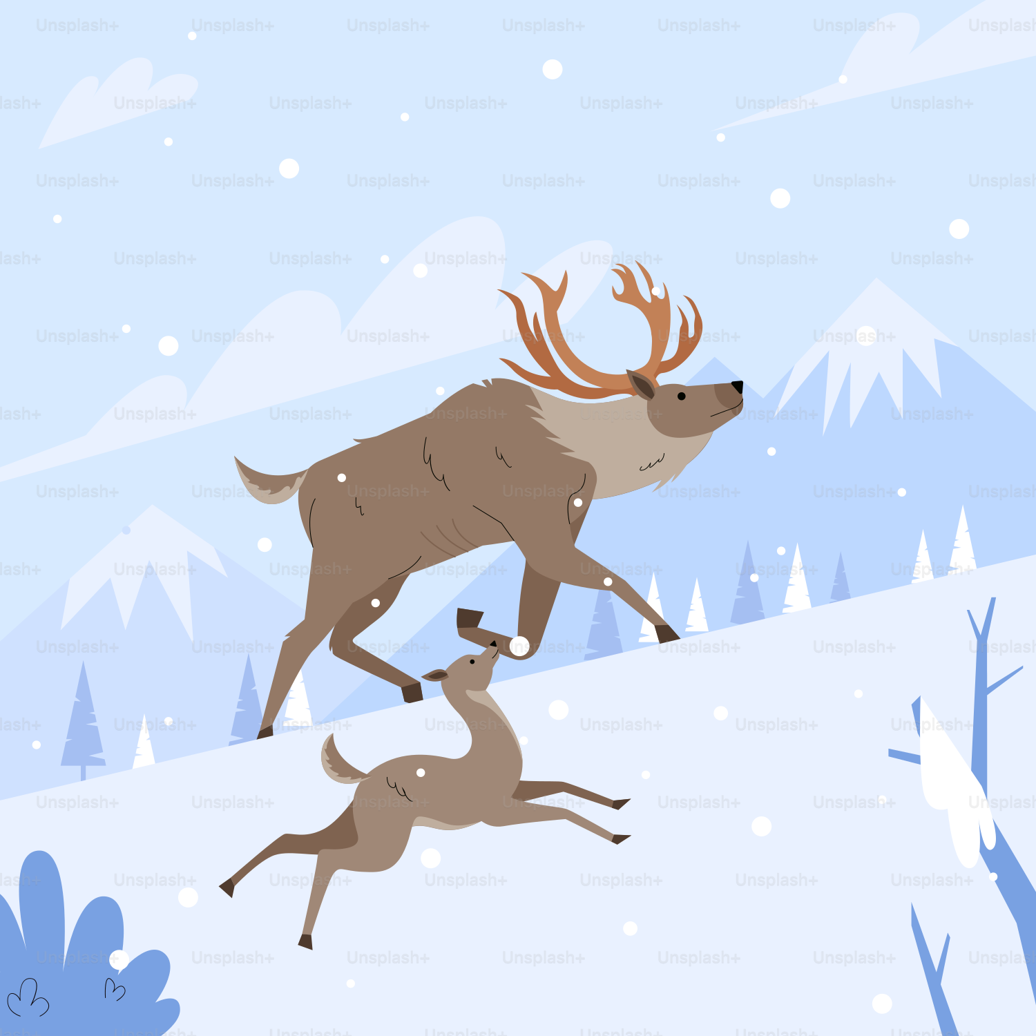 Un paio di cervi che corrono su un campo coperto di neve