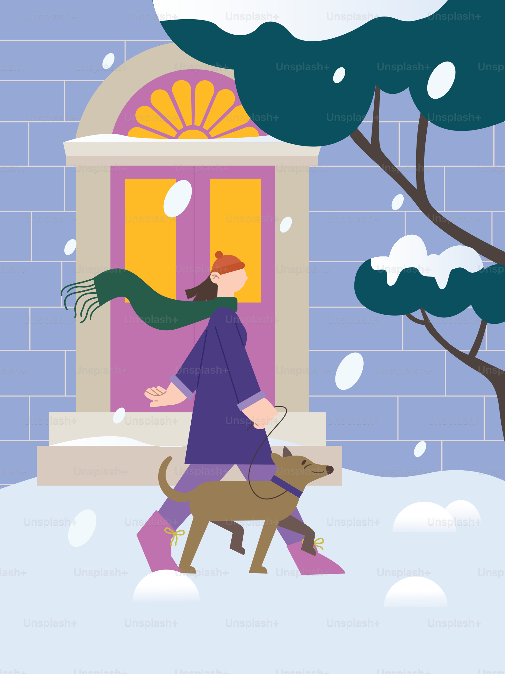 Eine Person, die mit einem Hund im Schnee spazieren geht