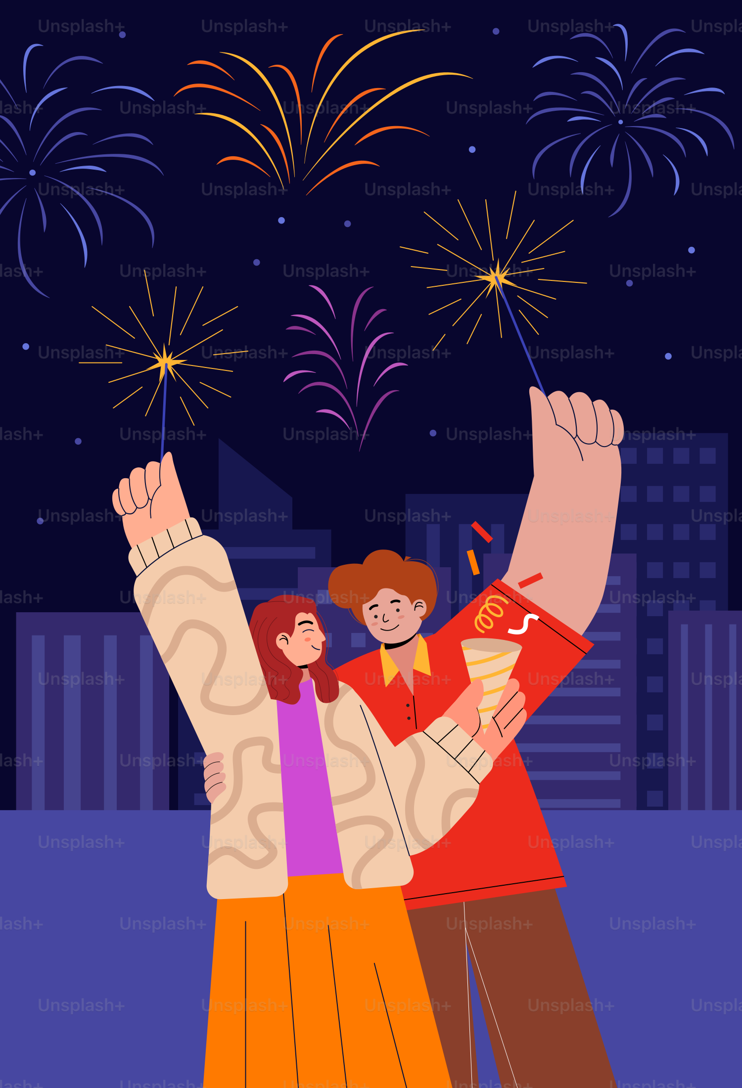 A man and a woman are celebrating with fireworks