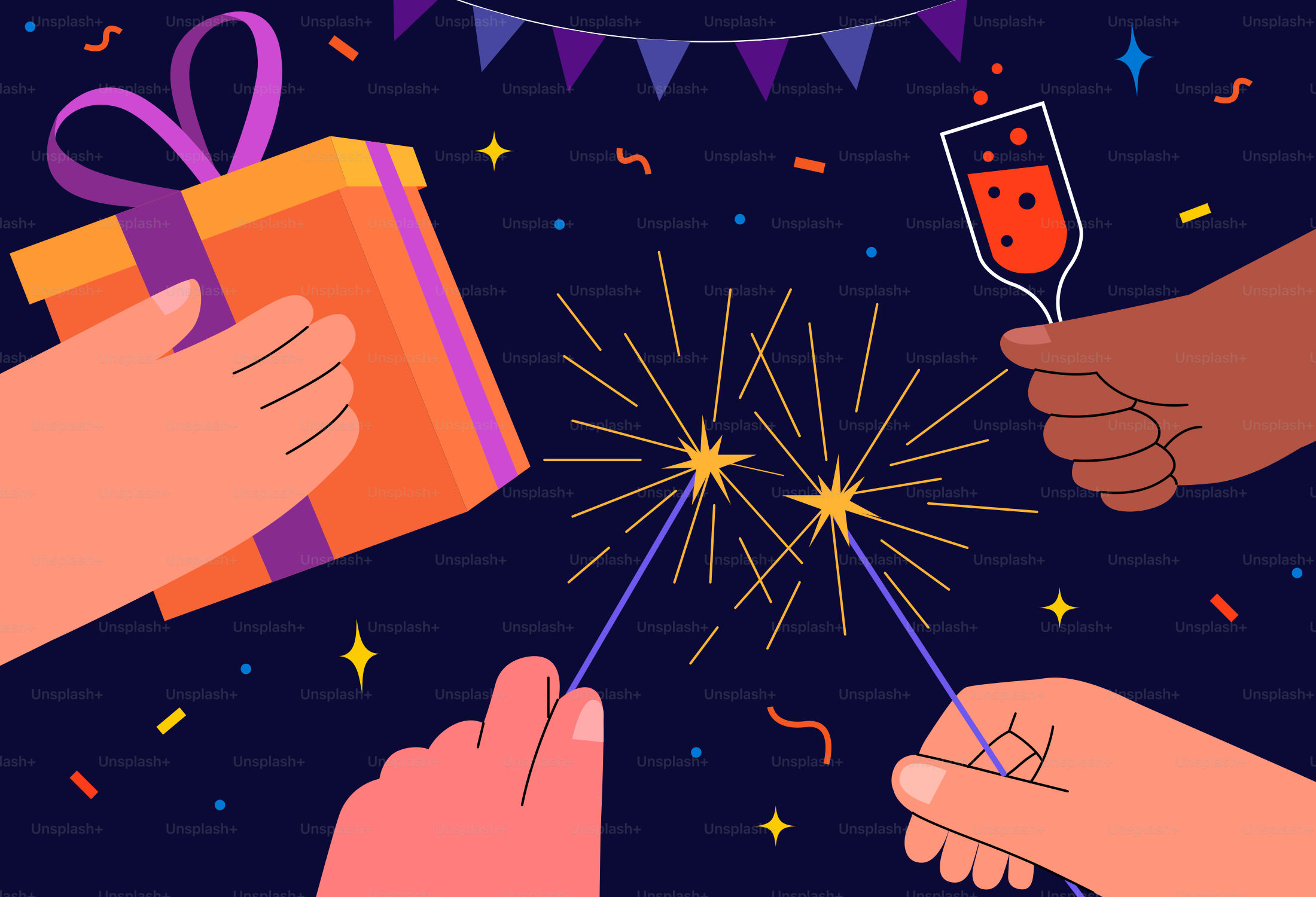 A group of people holding a gift box and fireworks