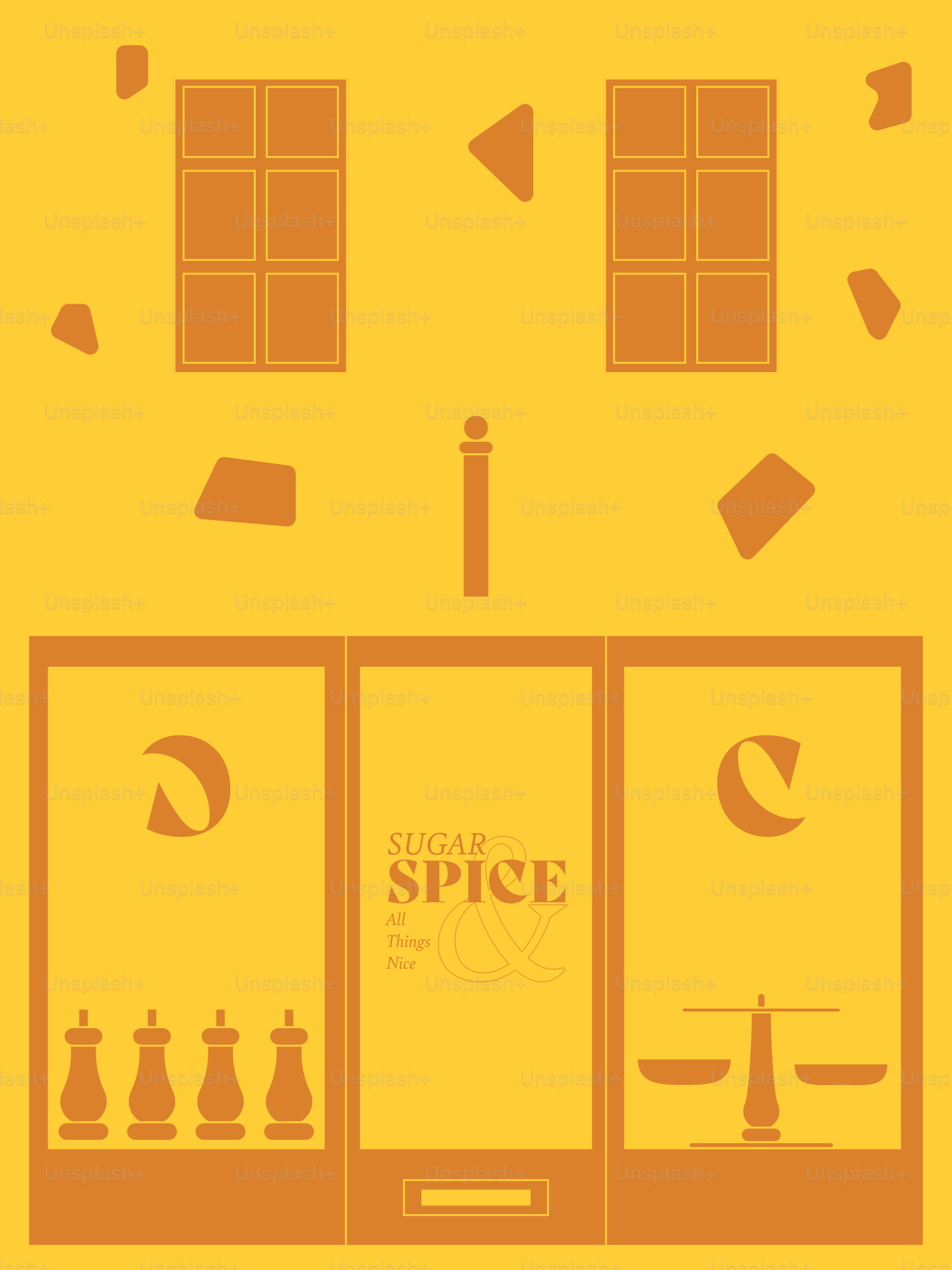 A yellow poster with a picture of a store front