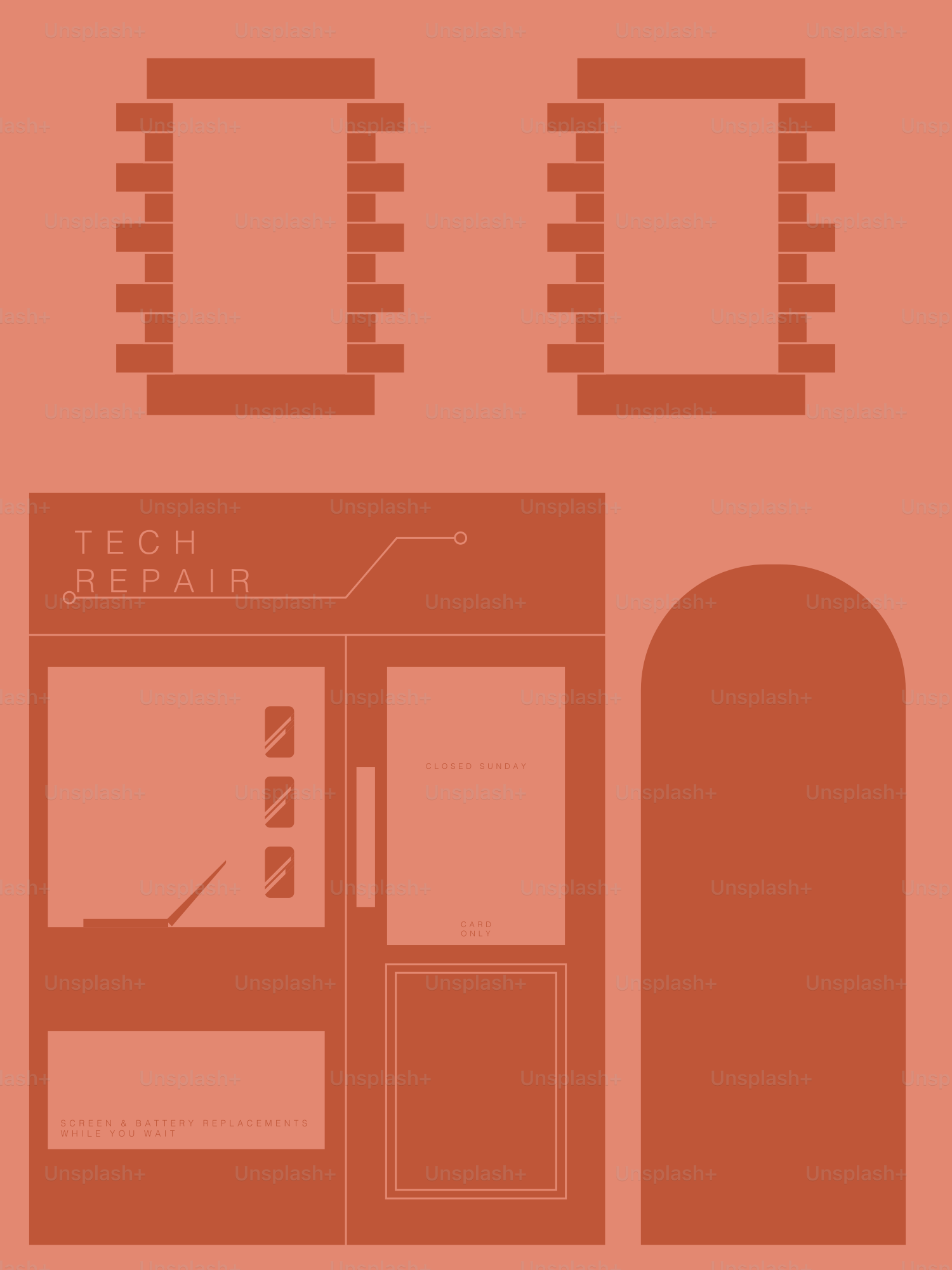 Ein orangefarbenes Poster mit einer roten Tür und Fenstern