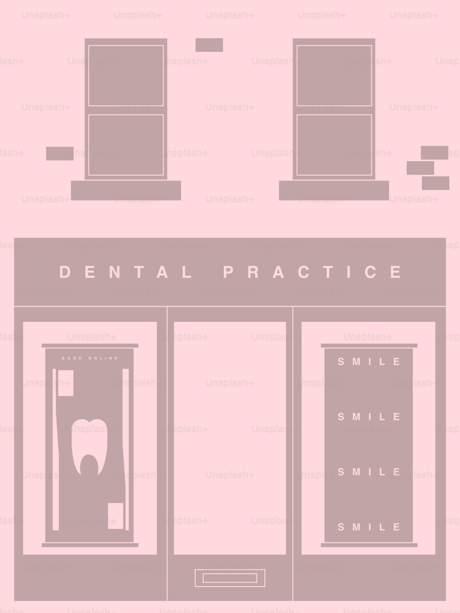 The front of a dental practice with a pink background
