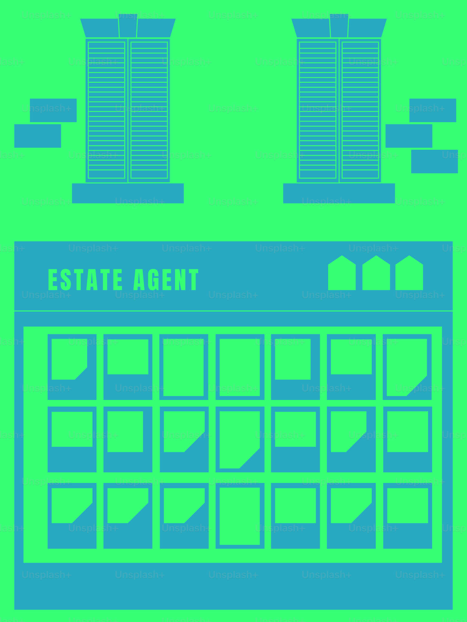 Ein grün-blaues Plakat eines Gebäudes