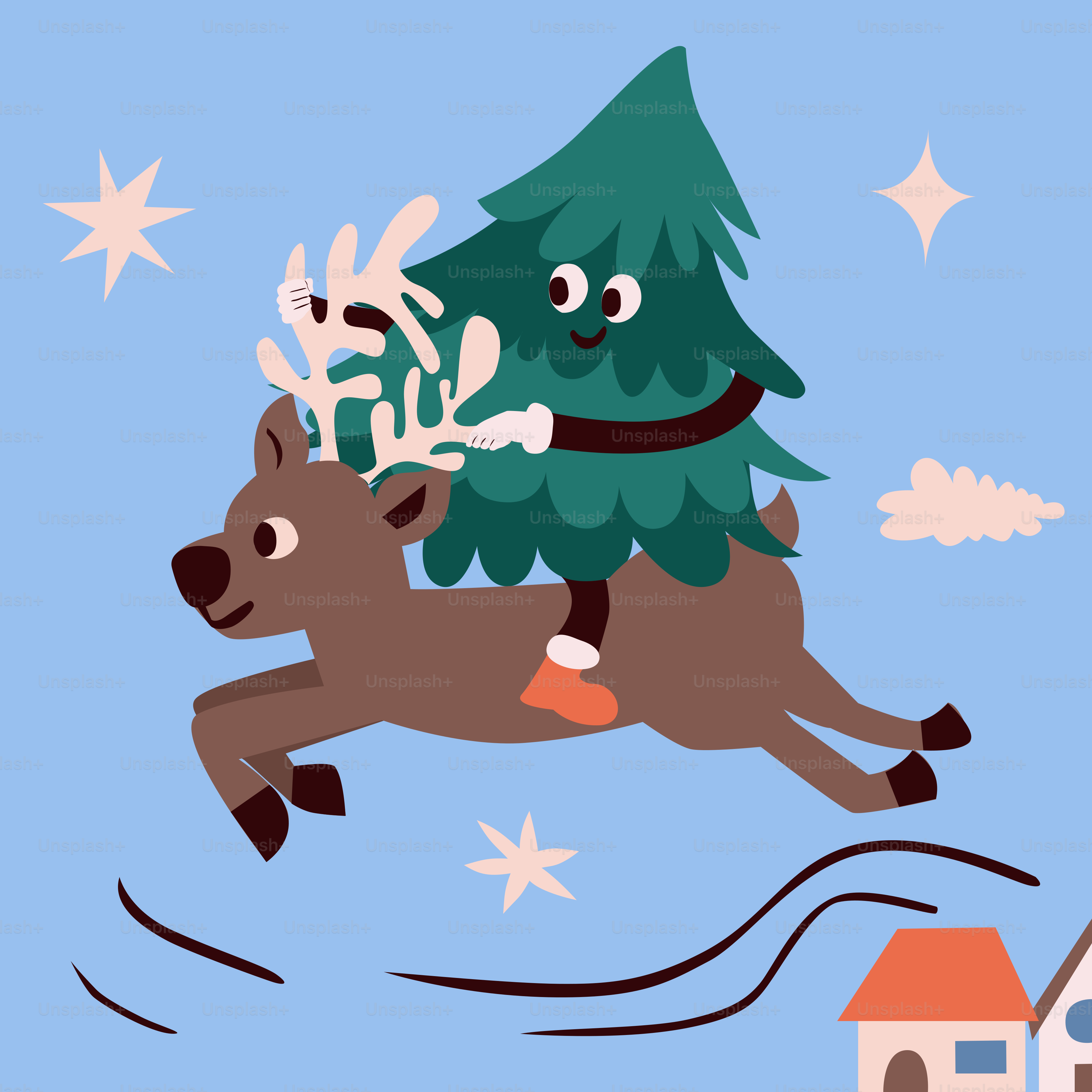 Une carte de Noël avec un renne et un sapin de Noël