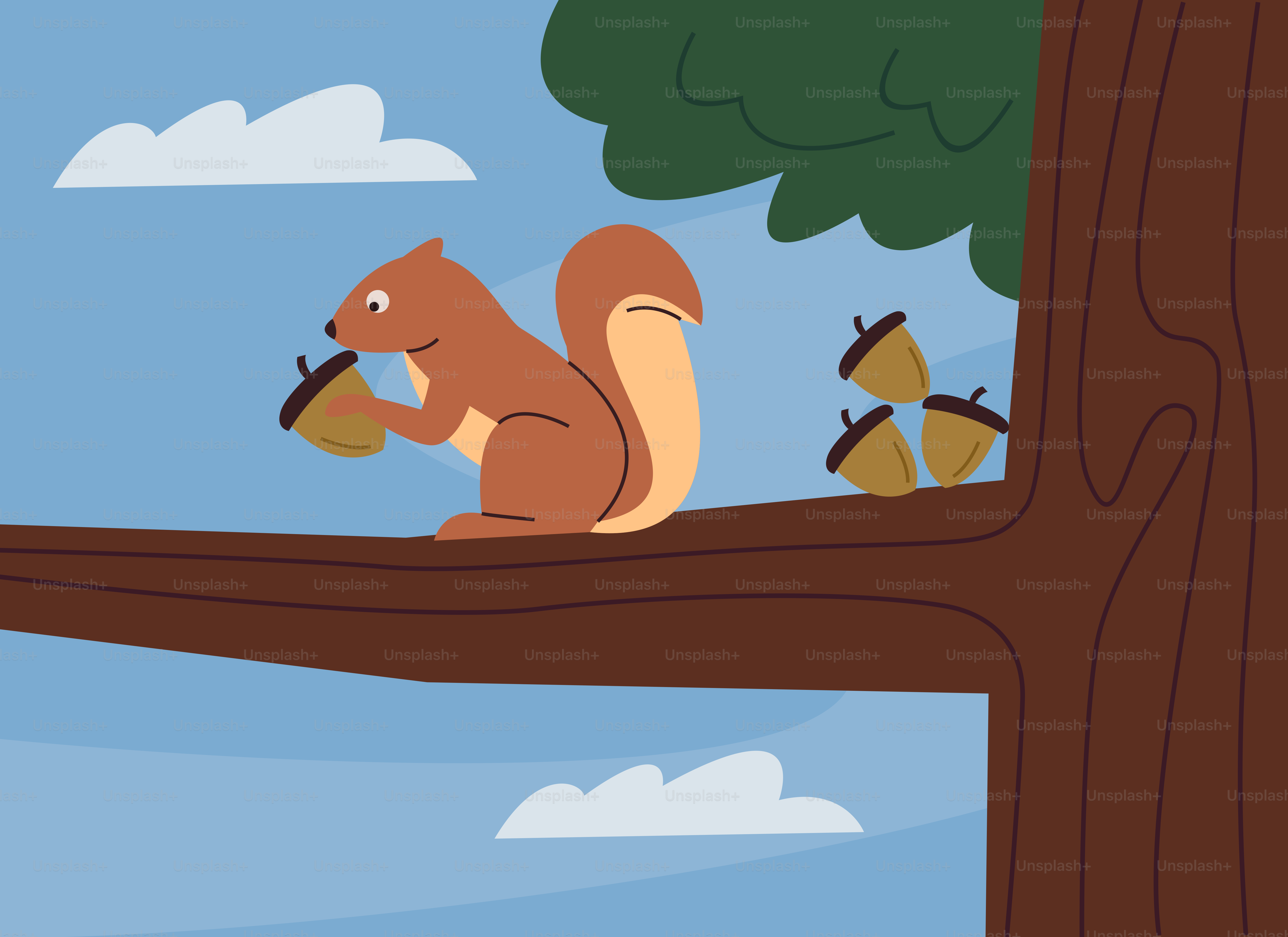 A squirrel sitting on a tree branch with acorns