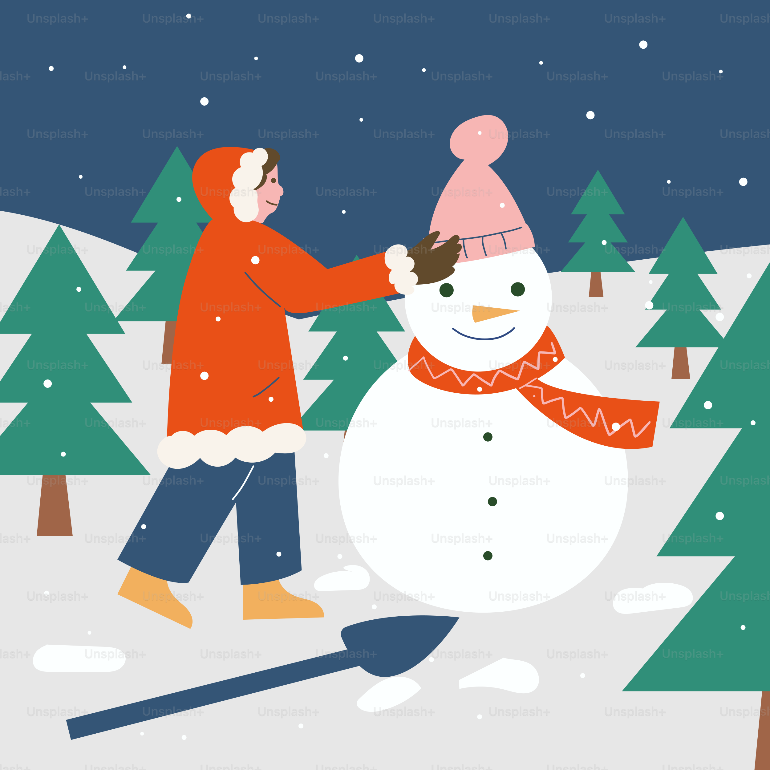 A man is building a snowman in the snow