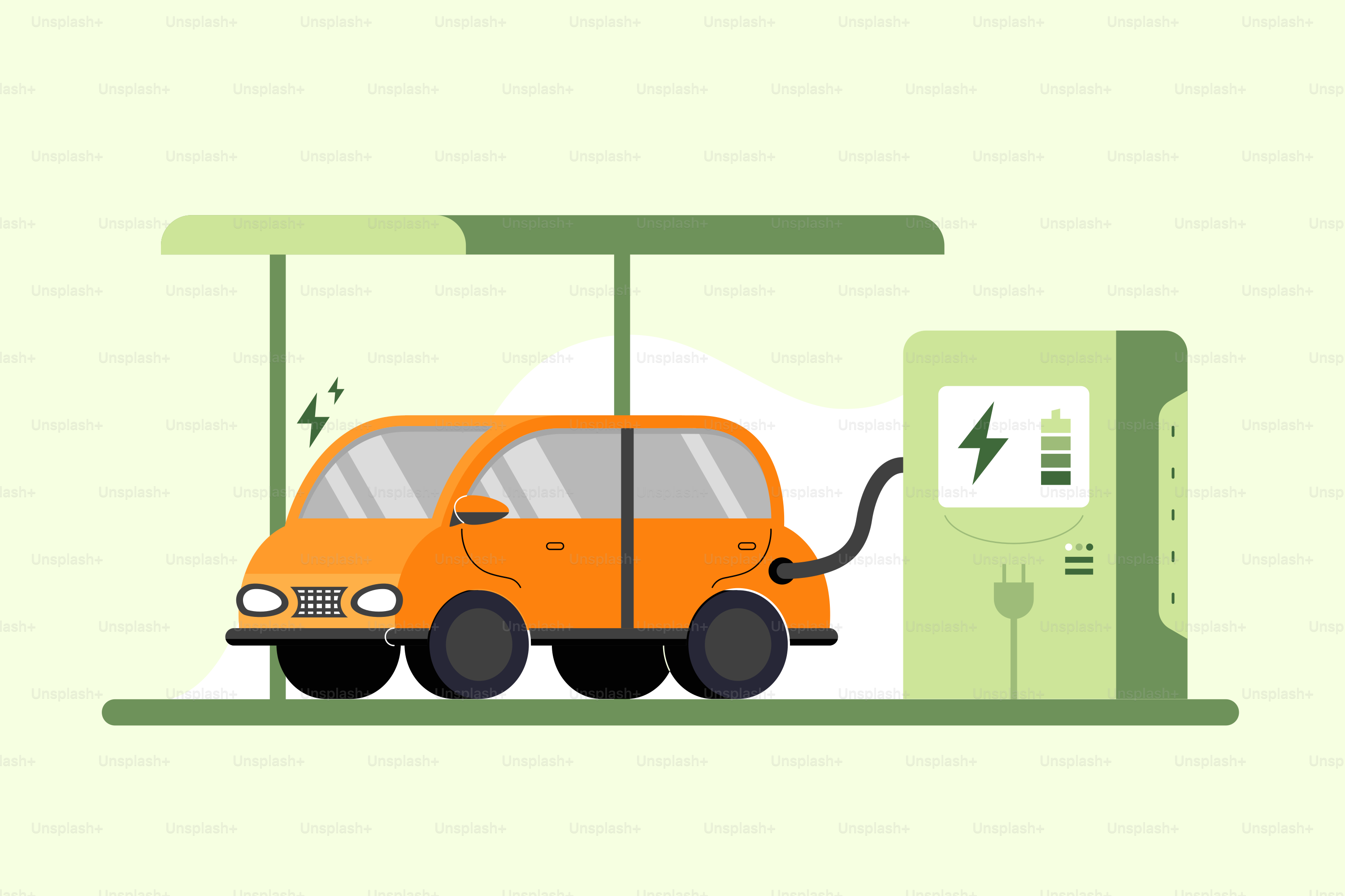 Une voiture orange est à une station-service