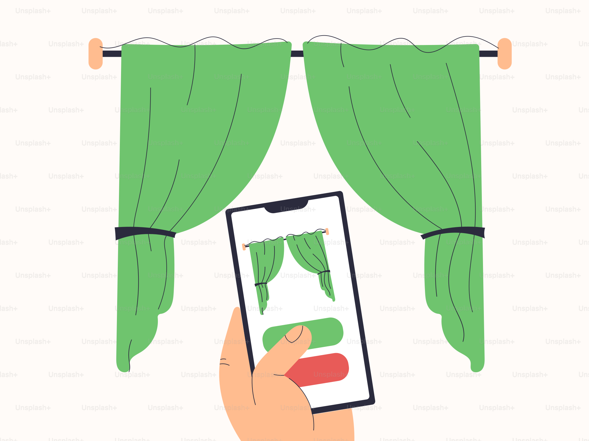 A hand holding a smart phone displaying a picture of curtains