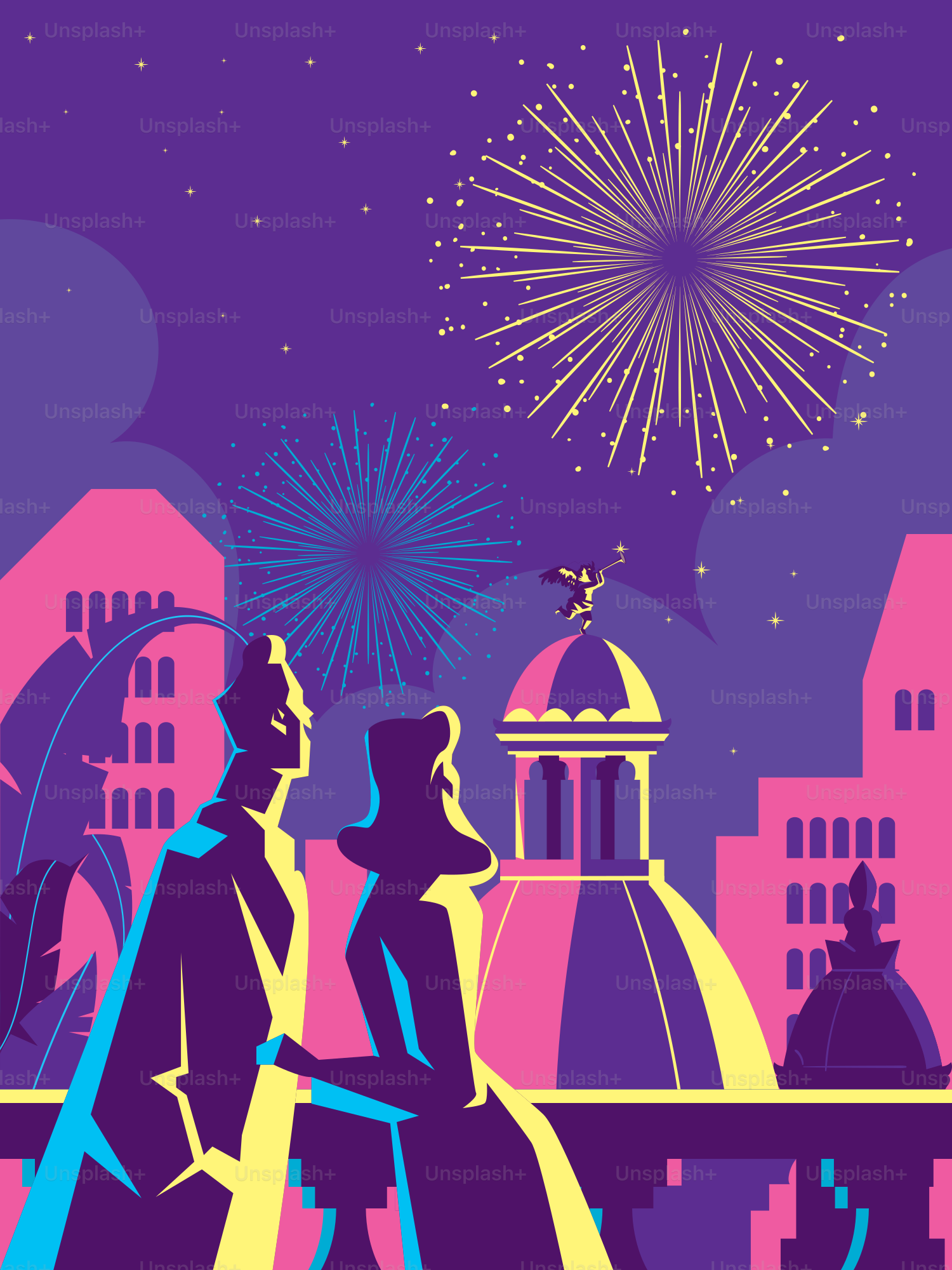 A man and a woman standing in front of a city skyline with fireworks