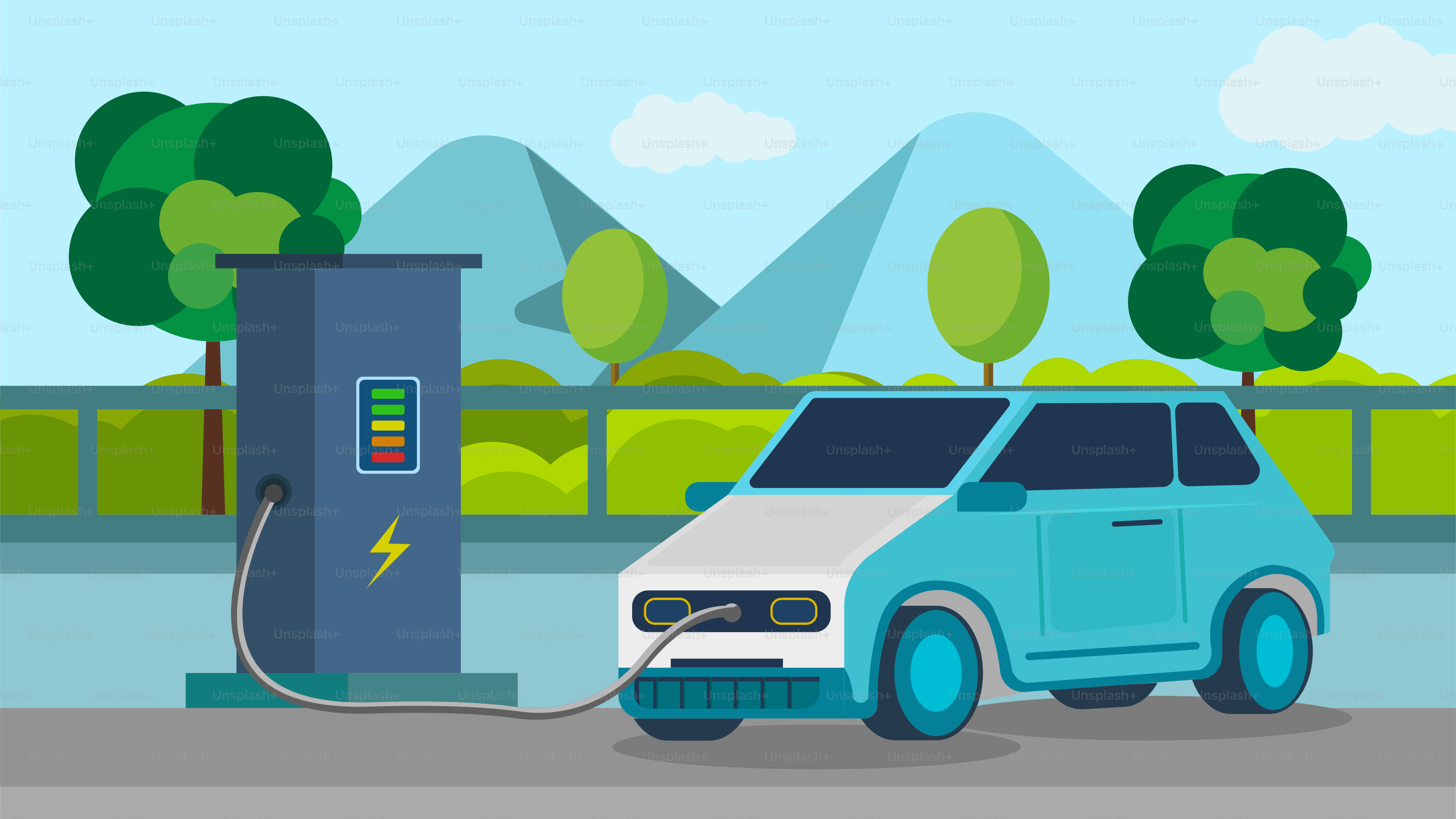 Une voiture électrique branchée à une station de recharge