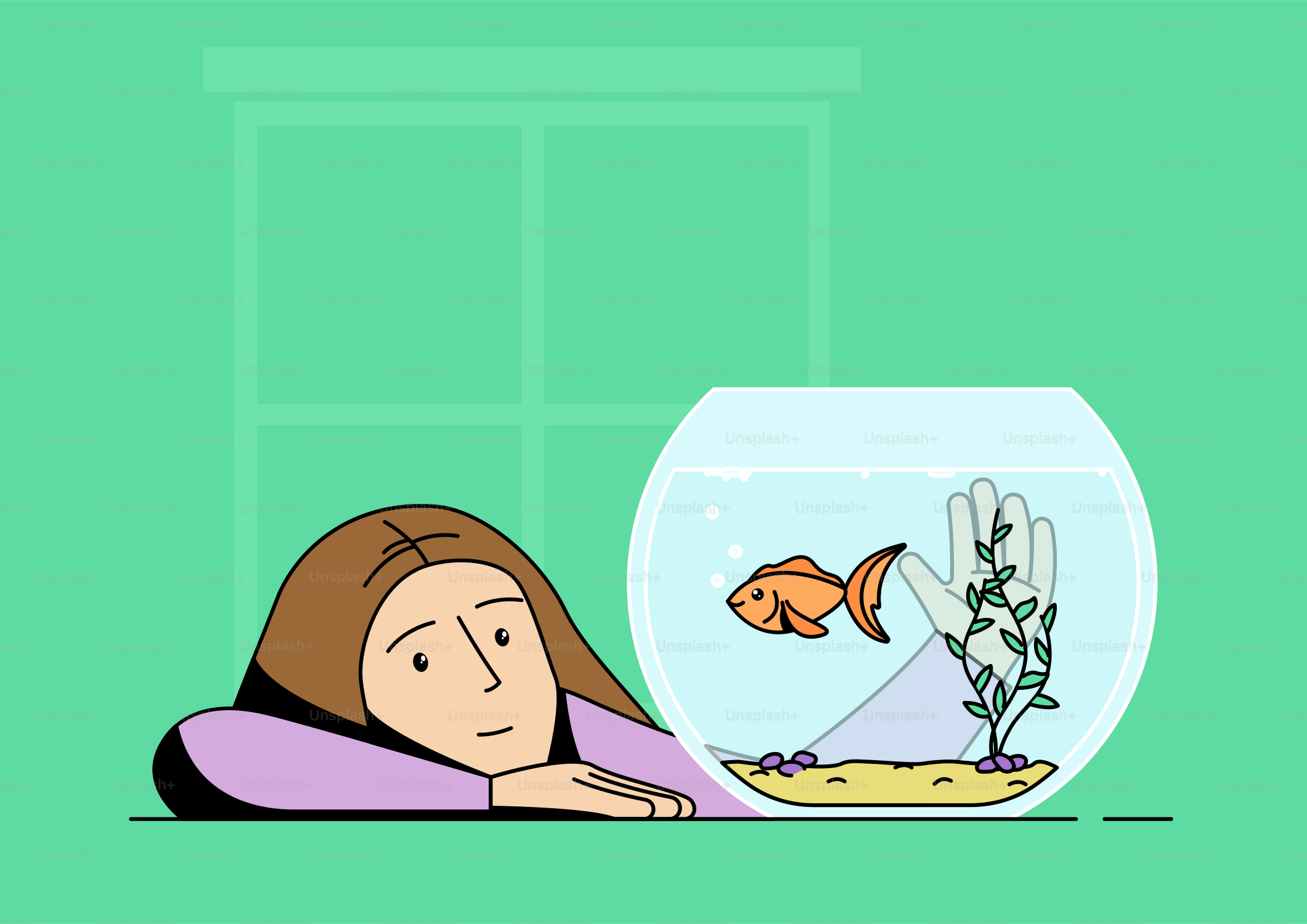 A woman is looking at a fish in a bowl