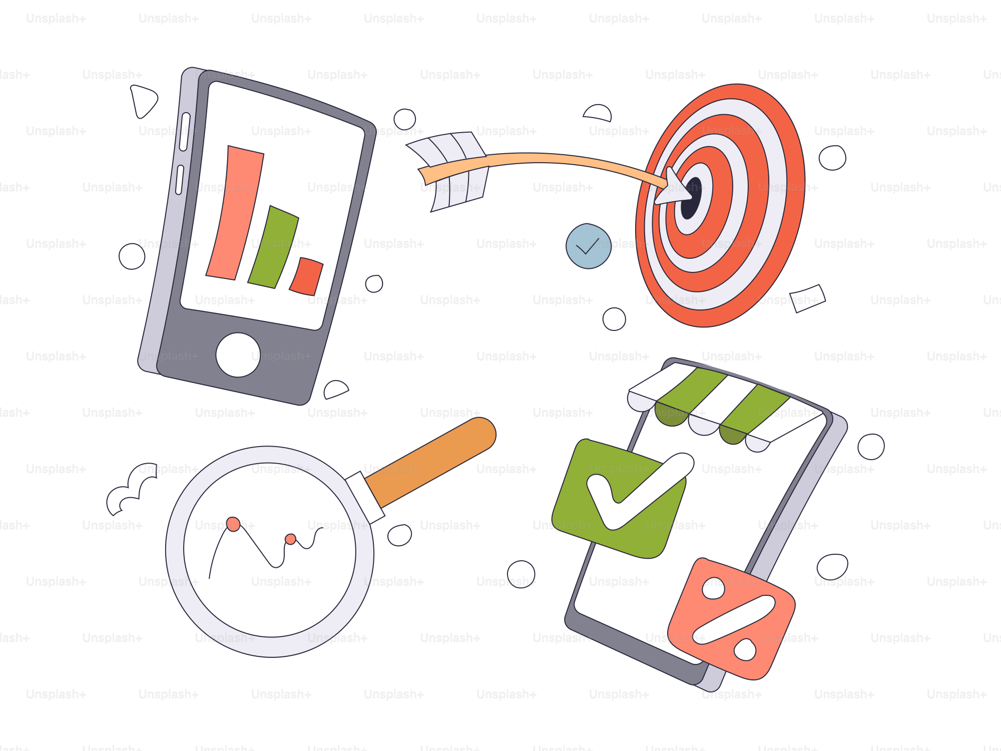 An image of a bulls eye, target, magnifying glass, and a