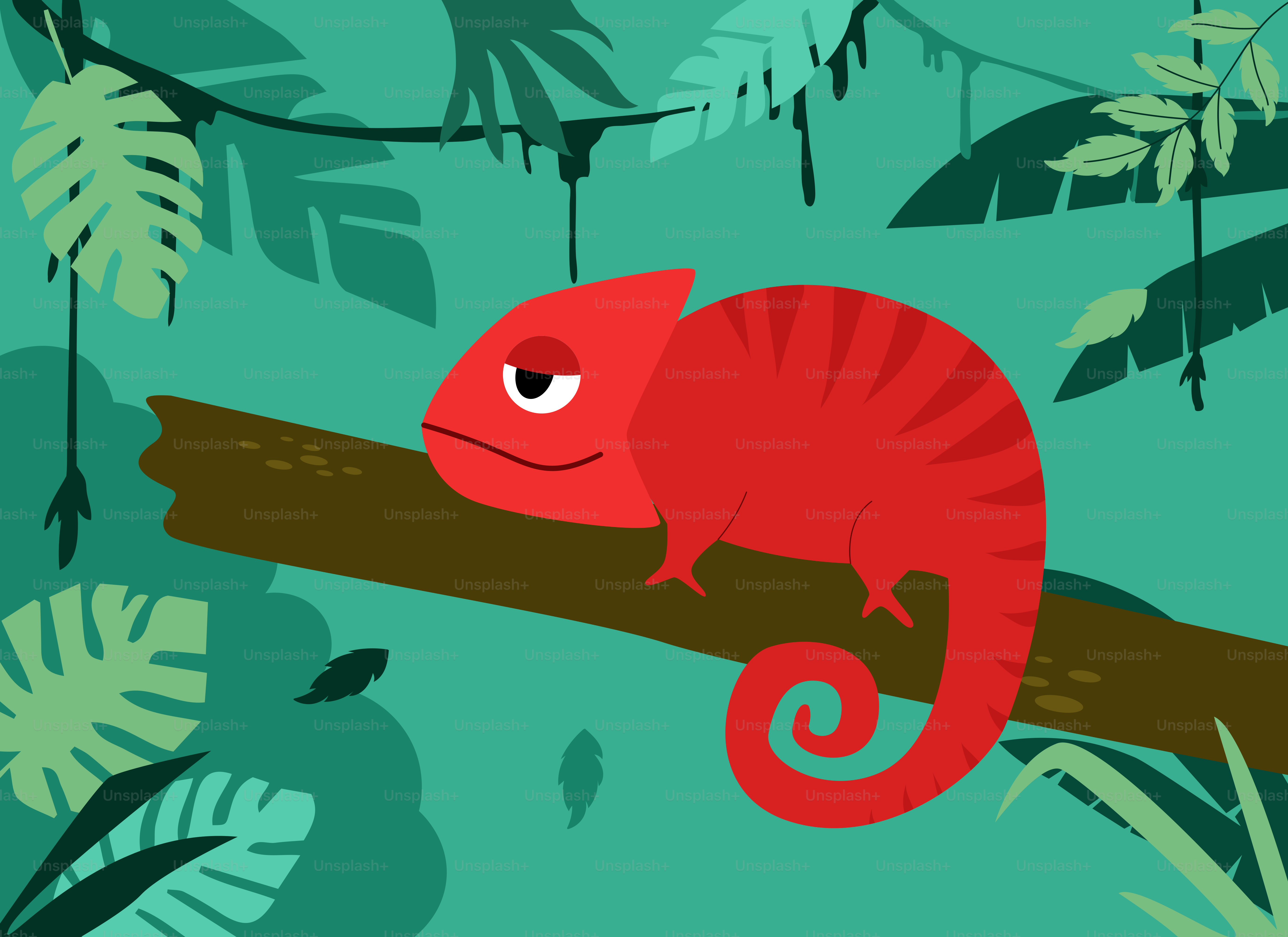 Un chamelón rojo apoyado en una rama de árbol