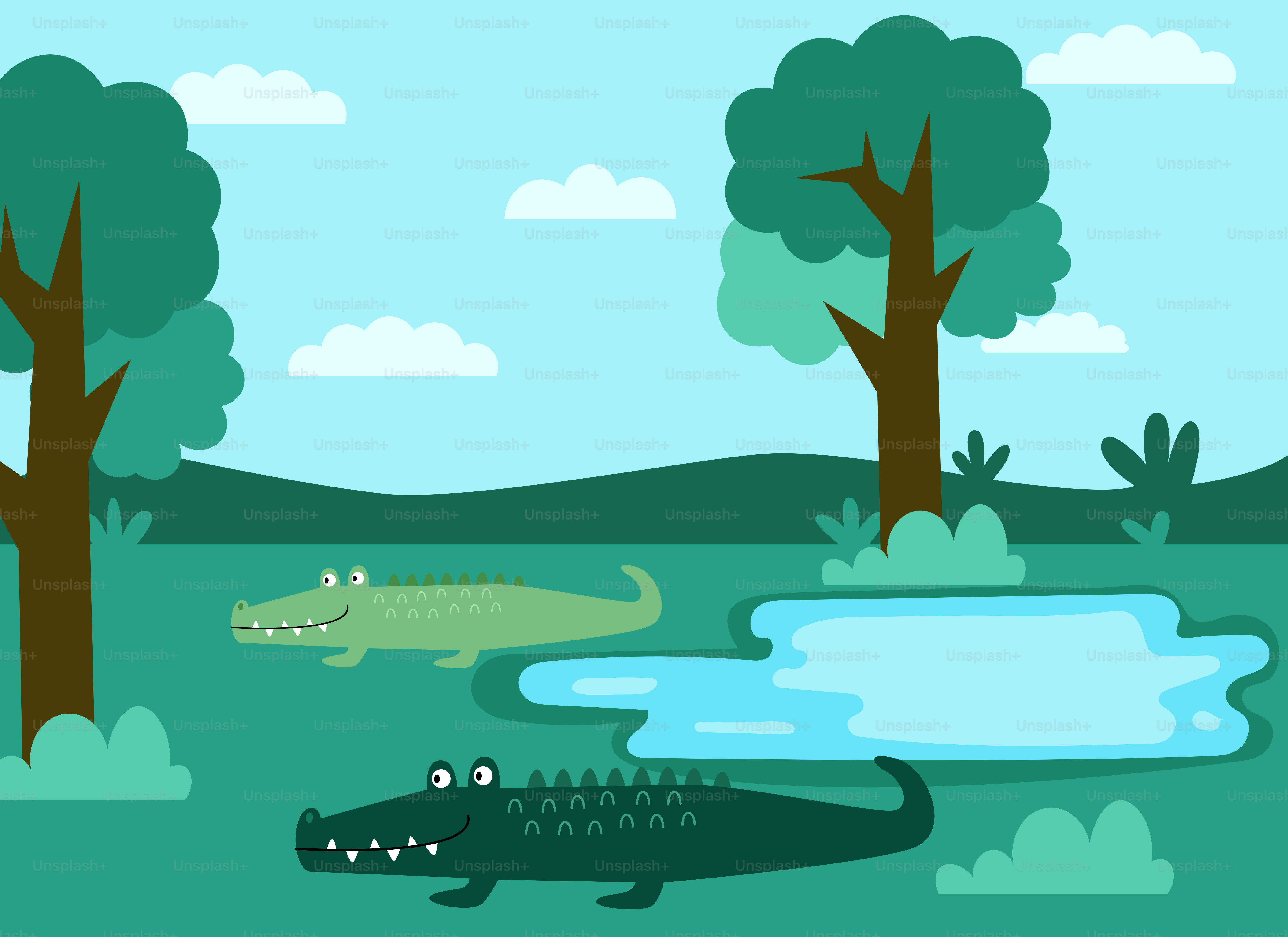 Un cartone di un coccodrillo e un coccodrillo che nuotano in uno stagno