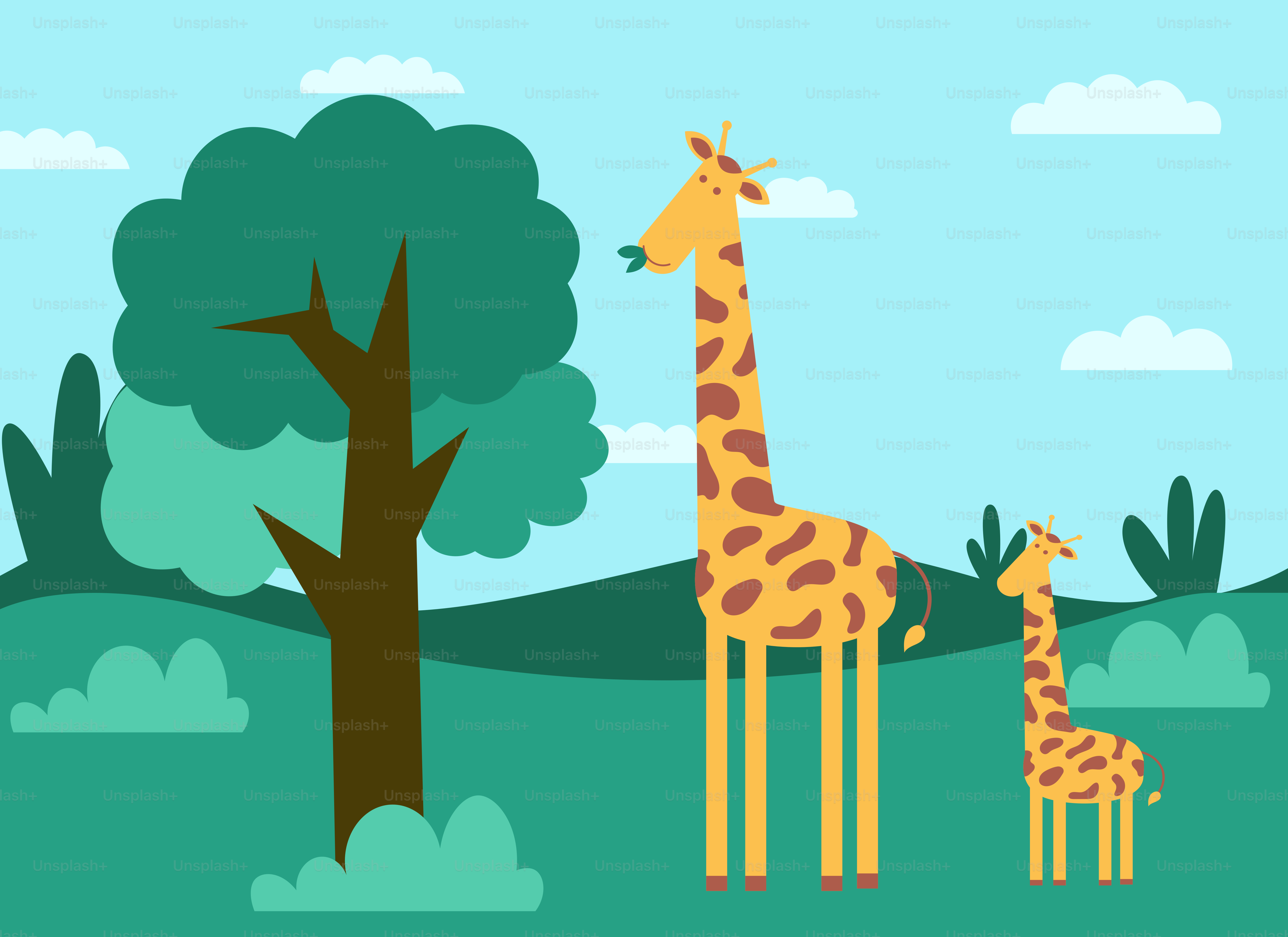 Um casal de girafas parados ao lado de uma árvore