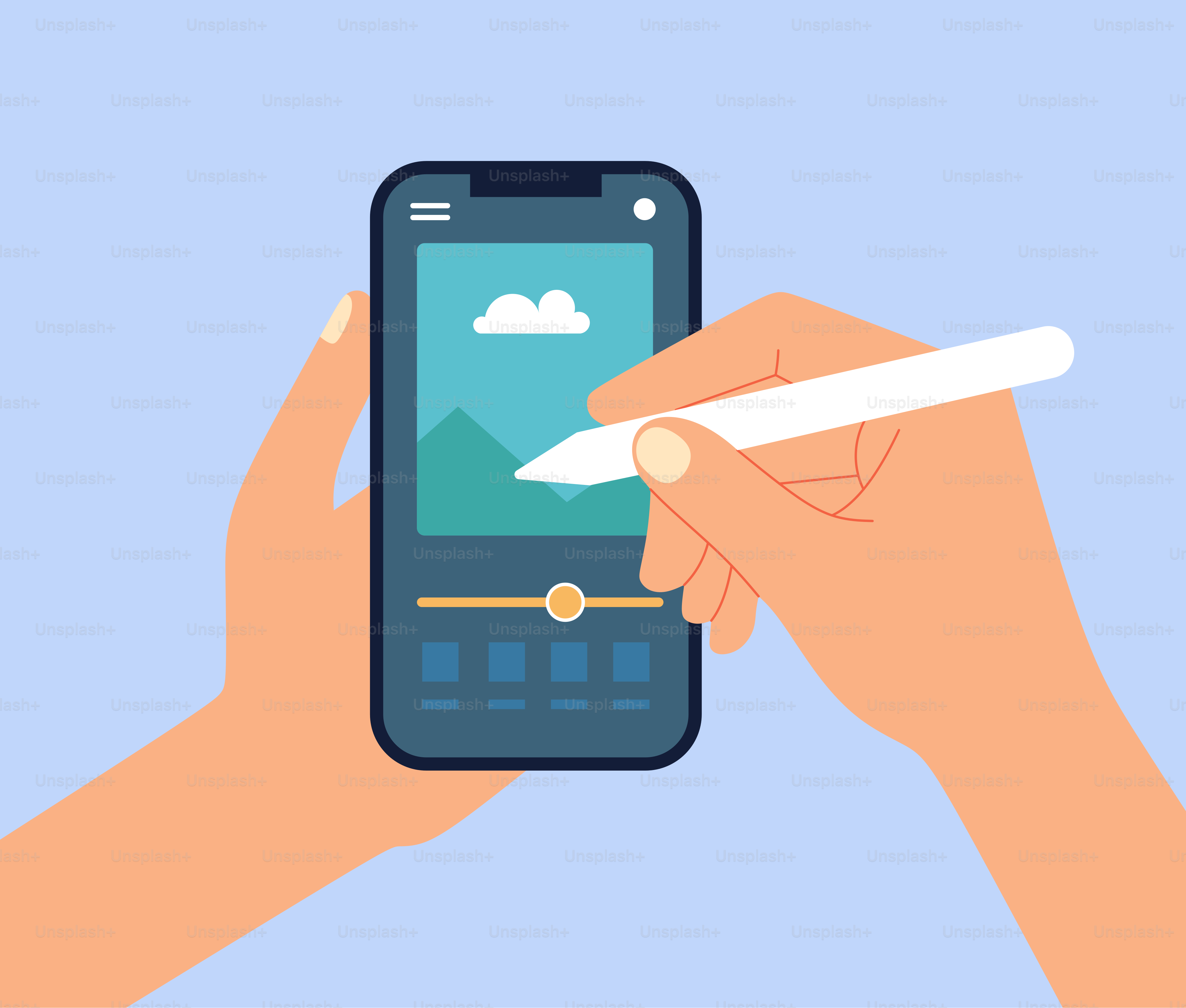 A person holding a smart phone with a pen in their hand