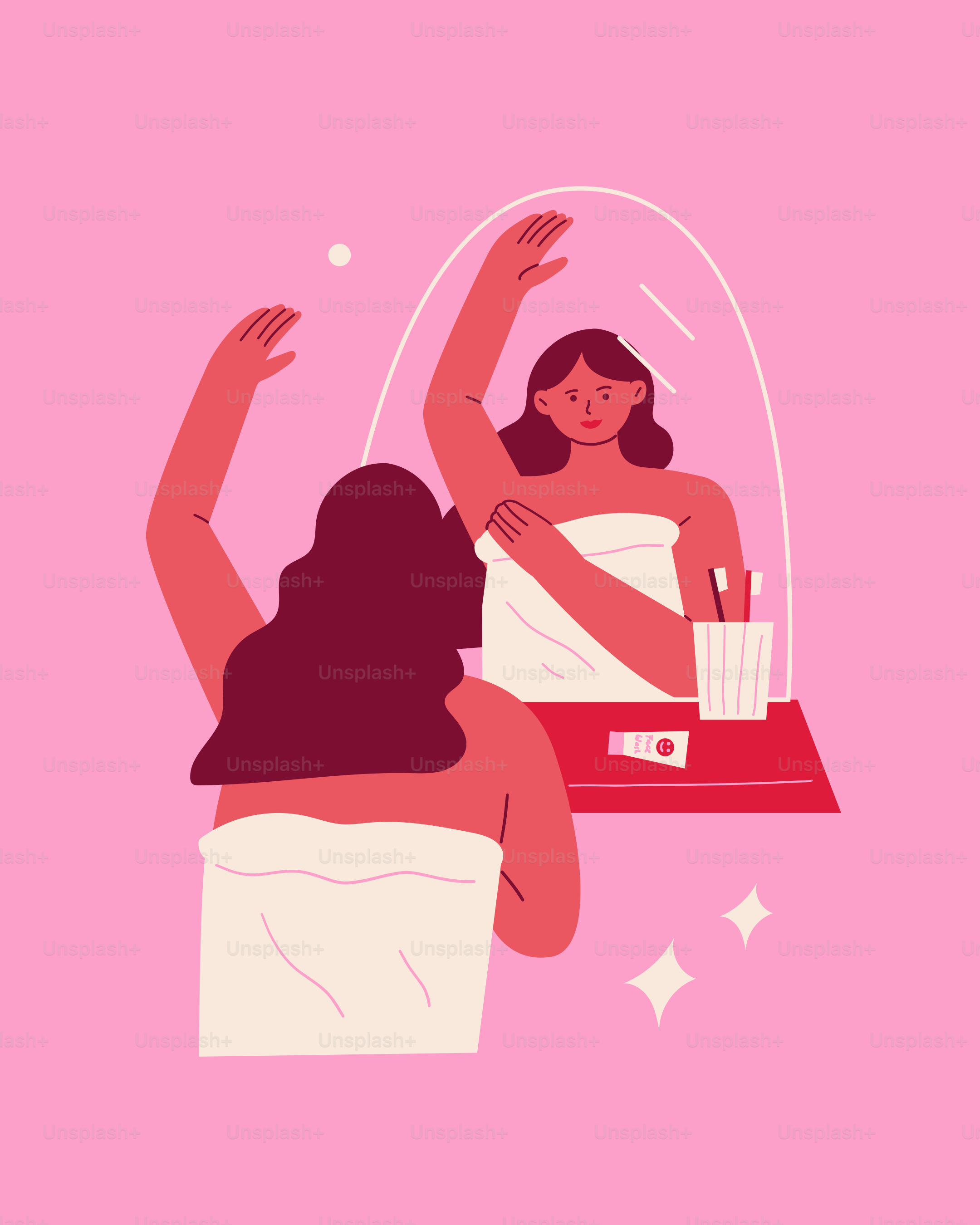 A woman sitting at a table in front of a mirror