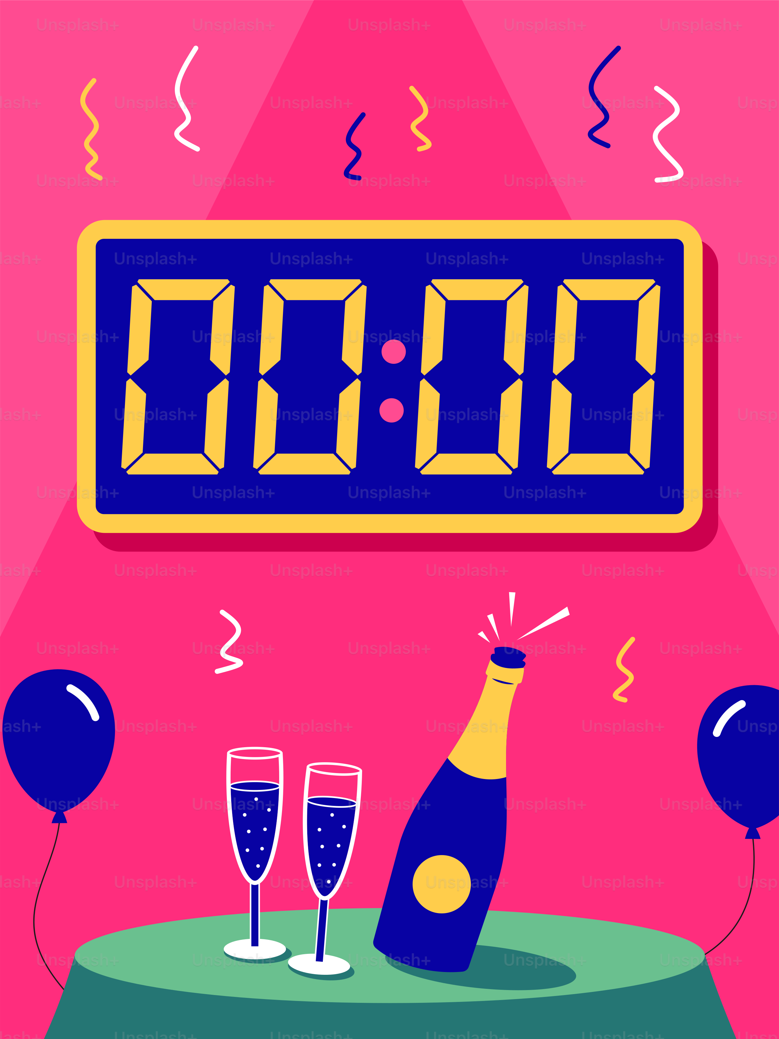 A digital clock and two glasses of champagne on a table