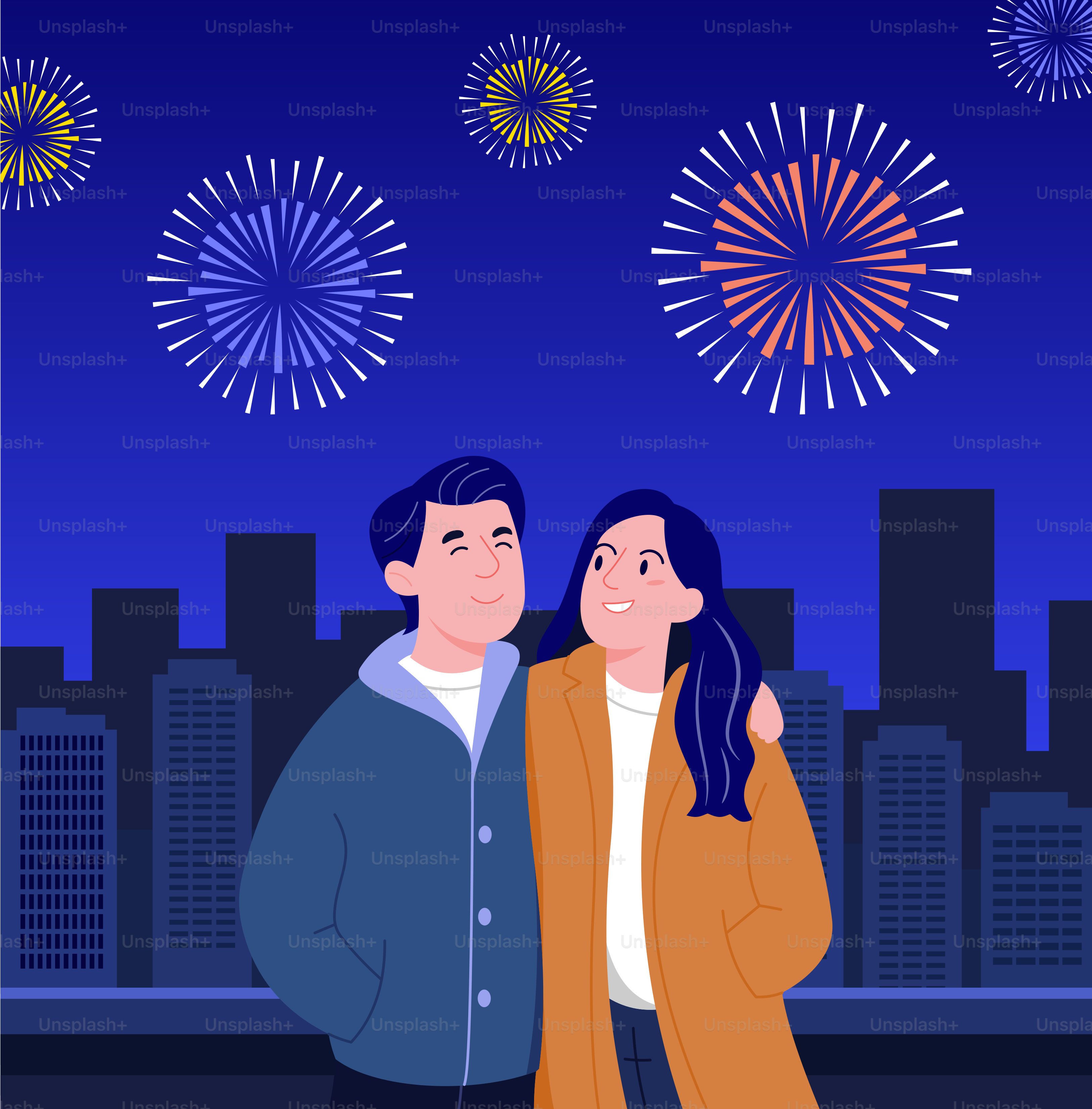 A man and a woman standing next to each other in front of fireworks