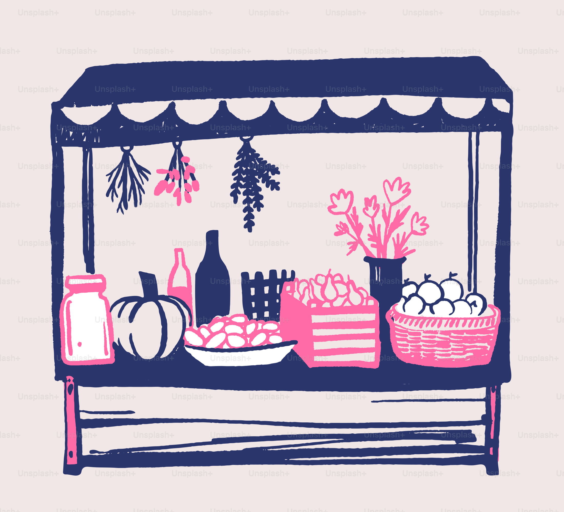 A drawing of a fruit stand with fruits and vegetables