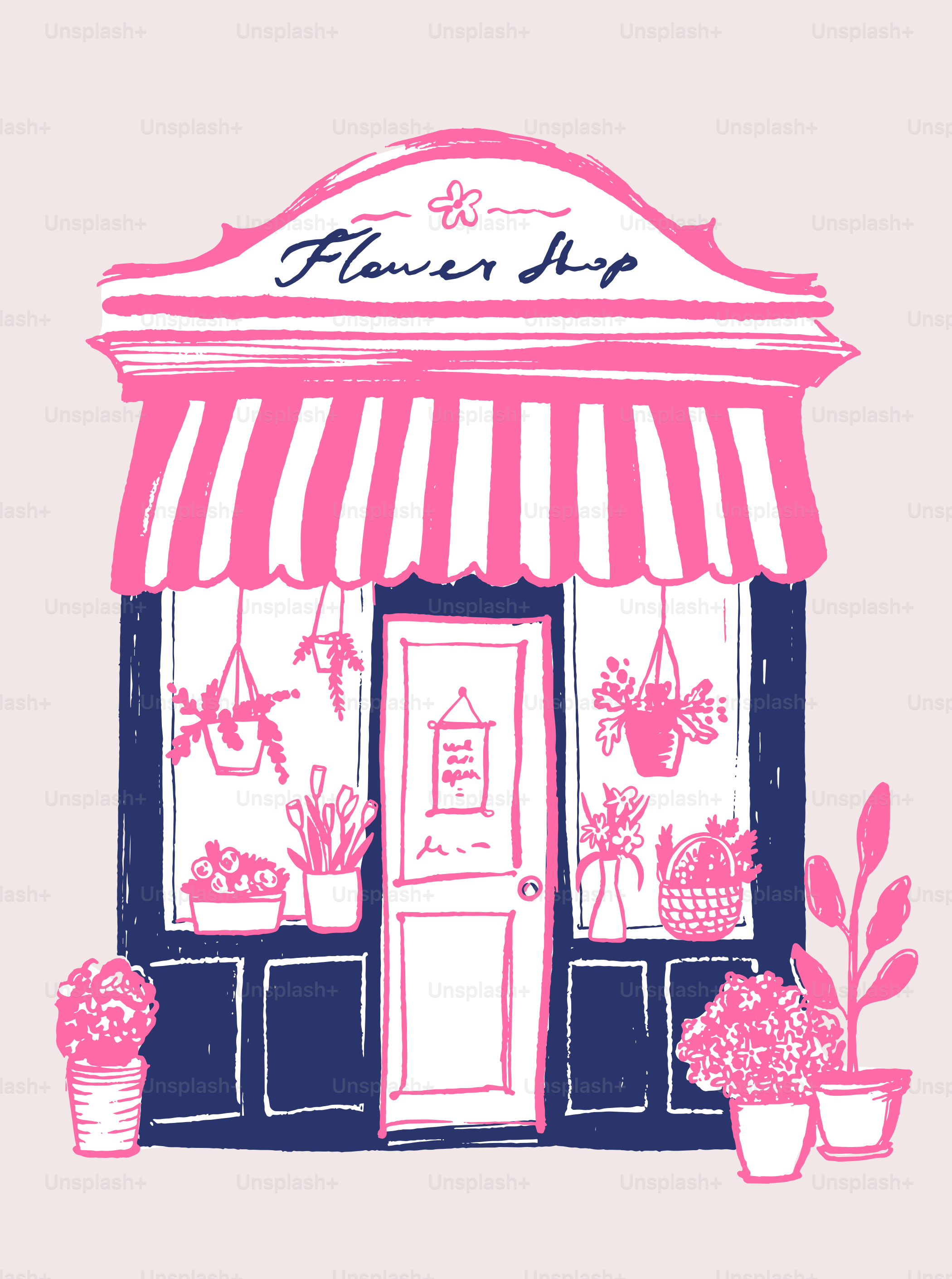 A drawing of a flower shop with potted plants
