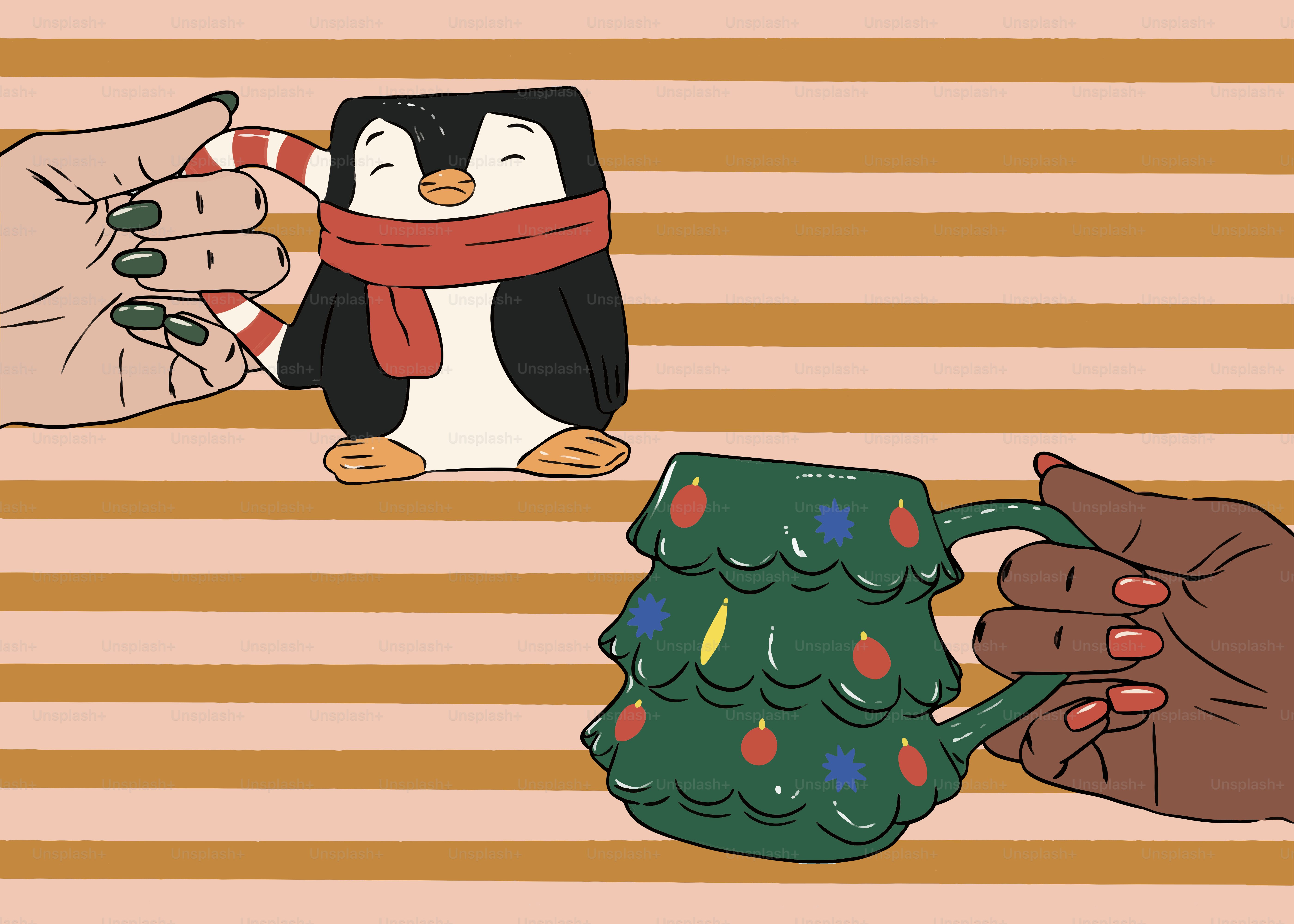 Um pinguim e um pinguim segurando uma caneca de árvore de Natal