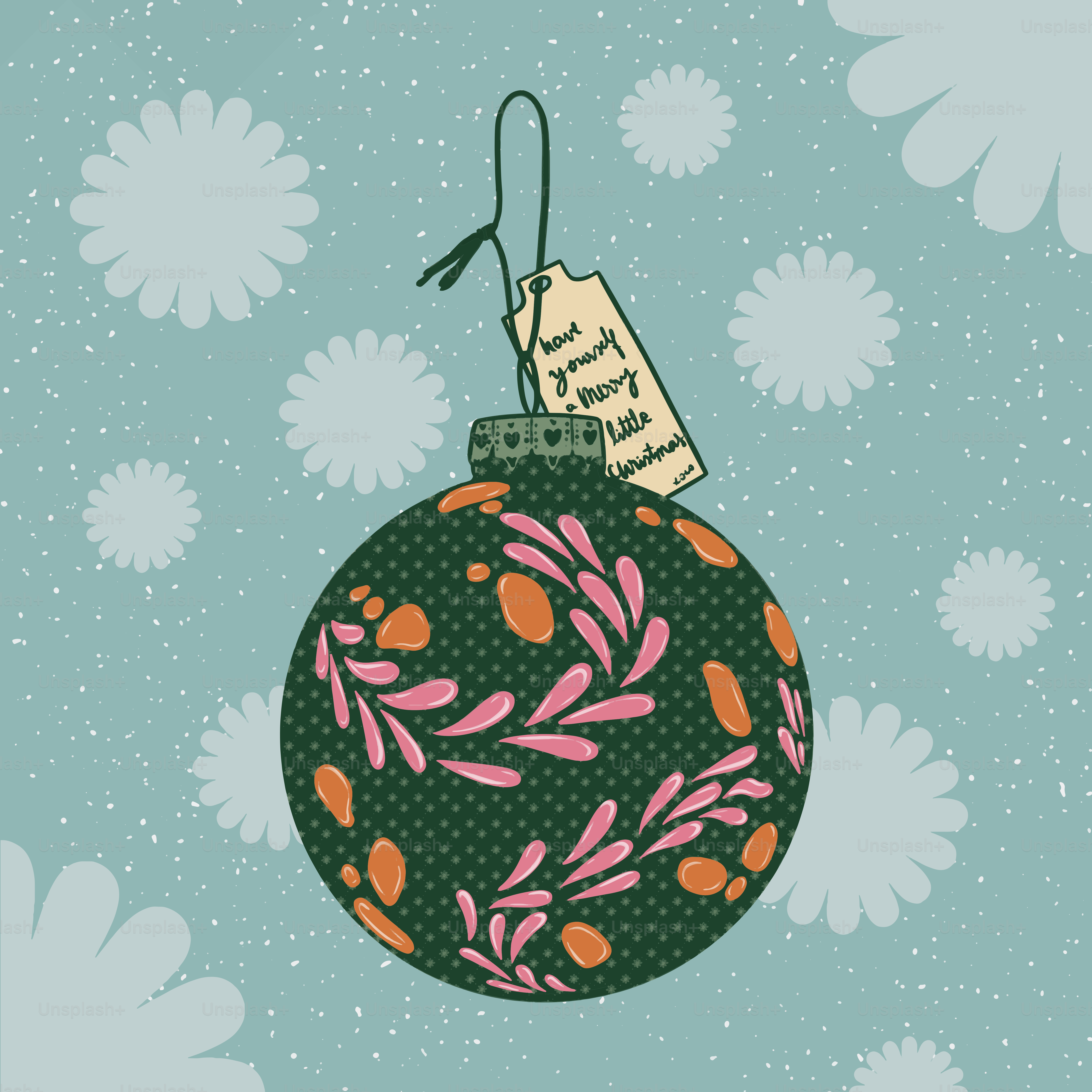 A christmas ornament with a tag hanging from it