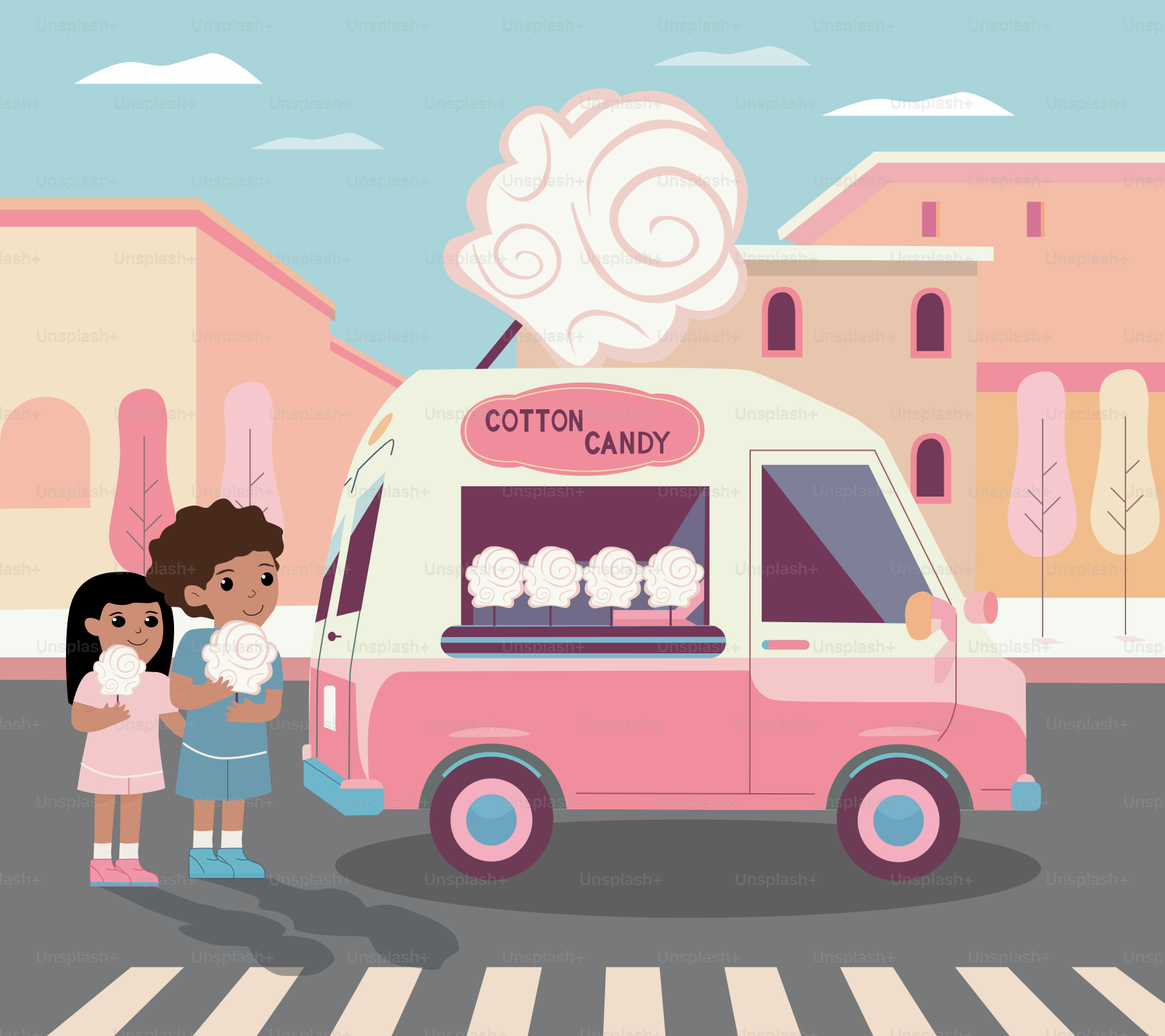 Un couple d’enfants debout devant un camion de crème glacée rose