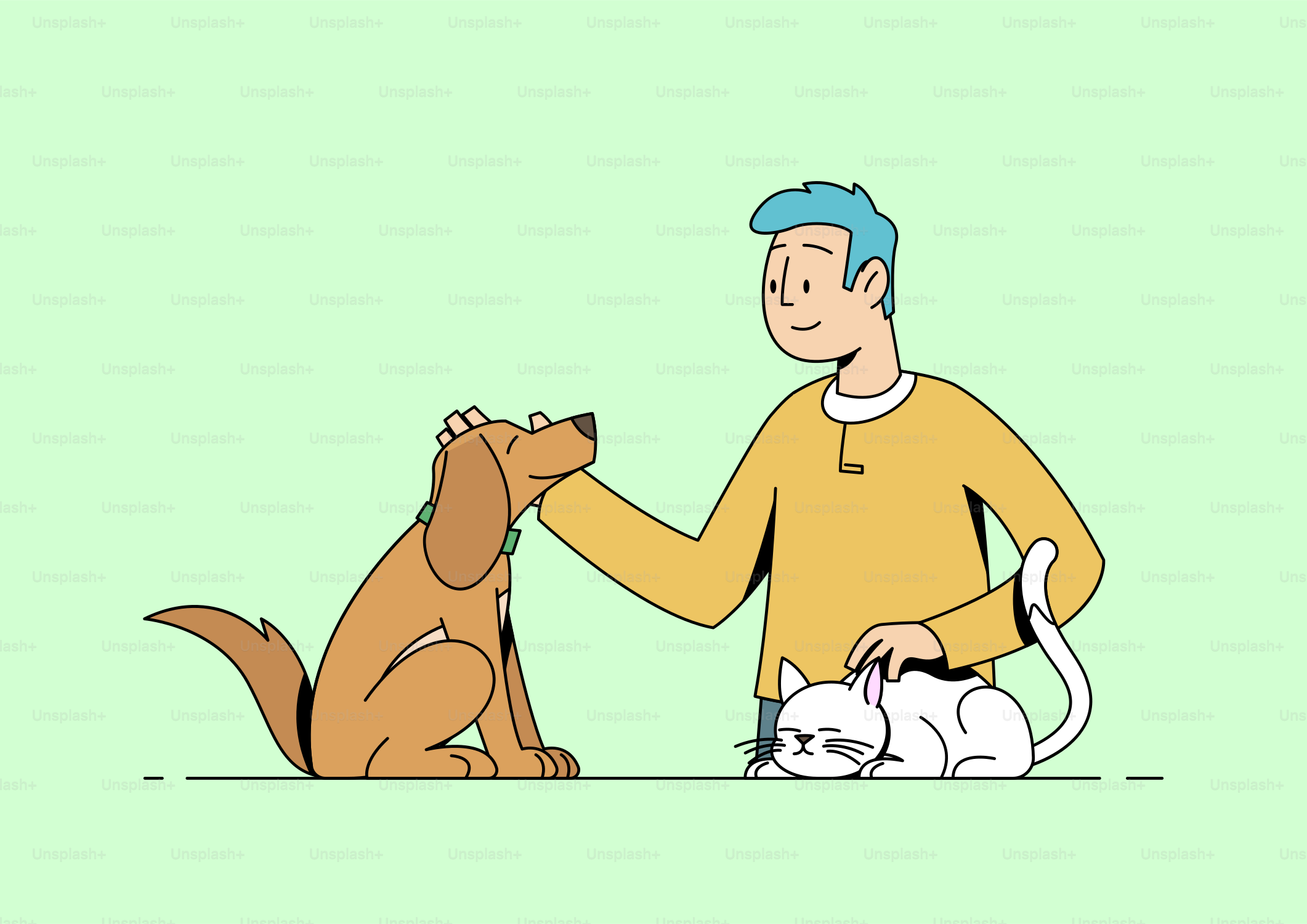 A man petting a dog and two cats