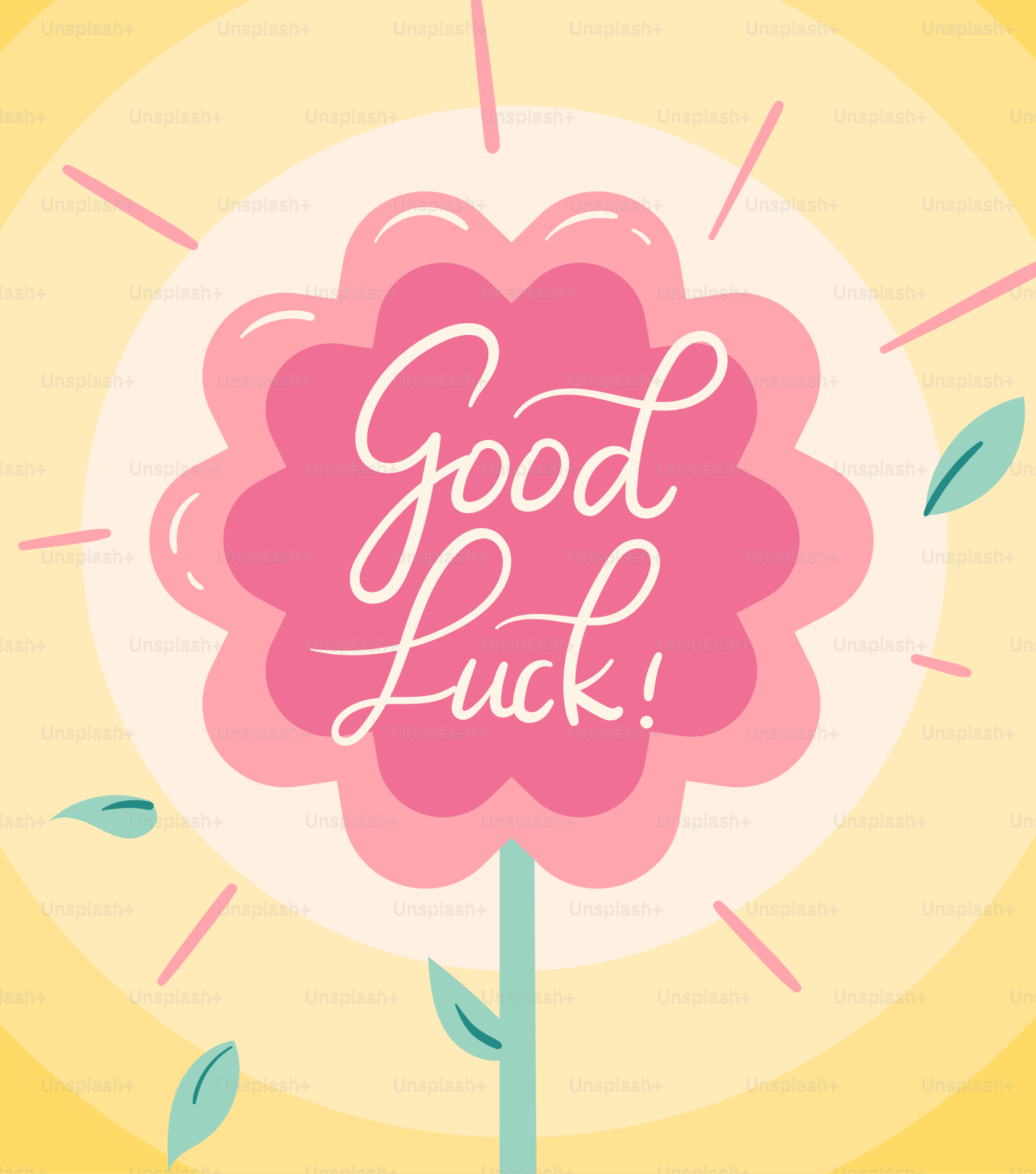 A pink flower with the words good luck on it
