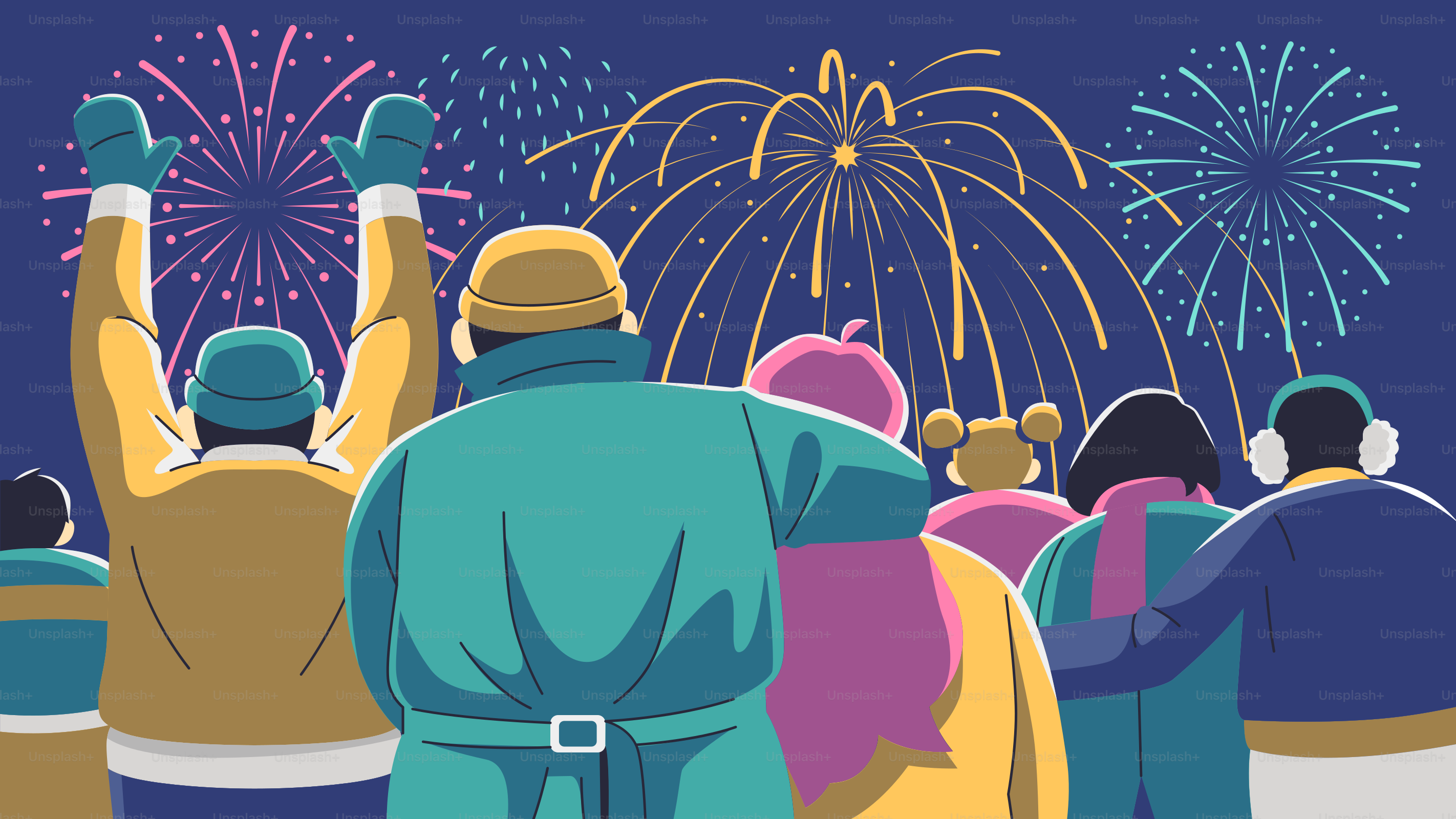 空に打ち上げられる花火を眺める人々の一団