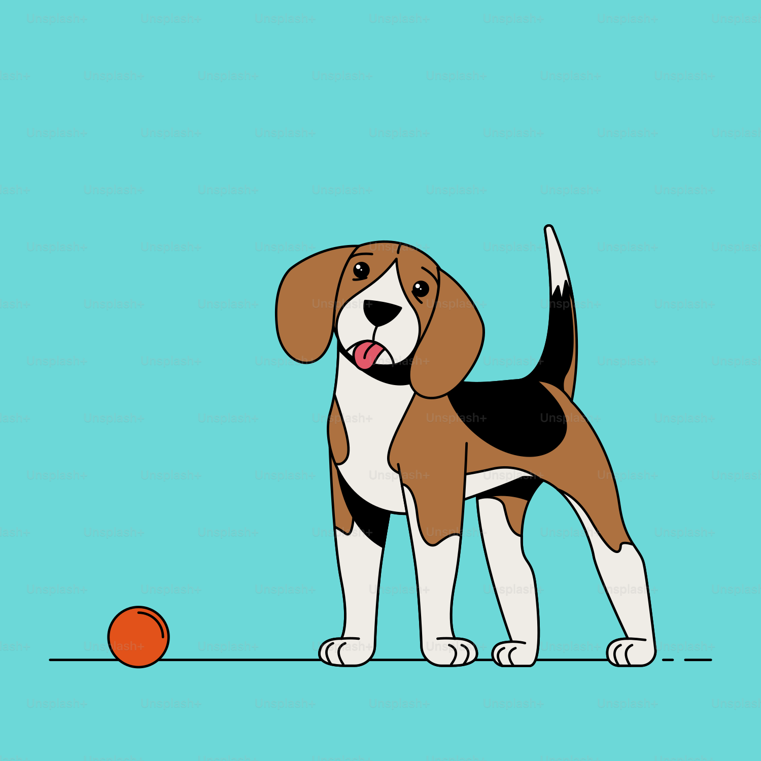 A brown and white dog standing next to an orange ball