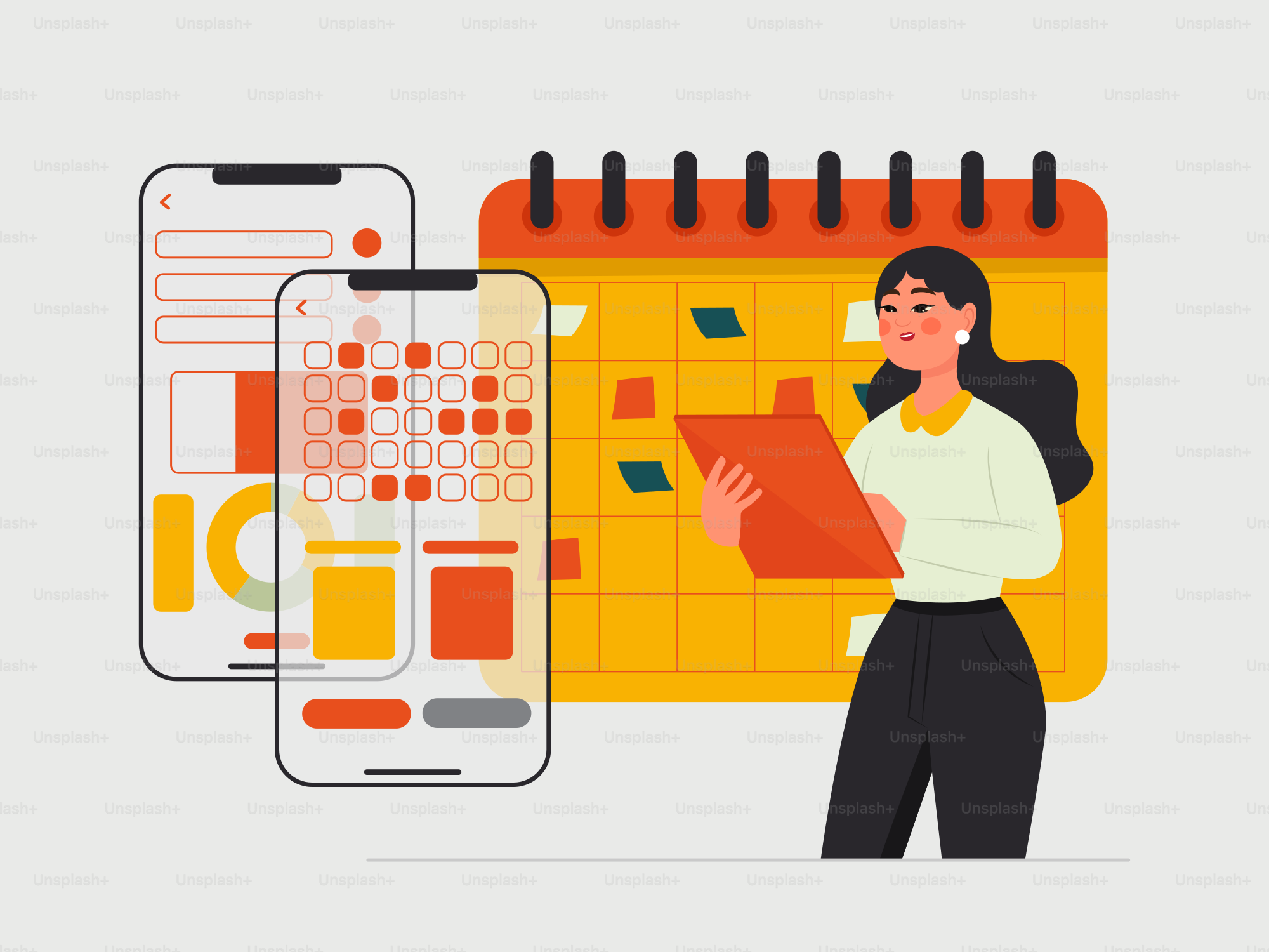 A woman standing next to a calendar and a phone