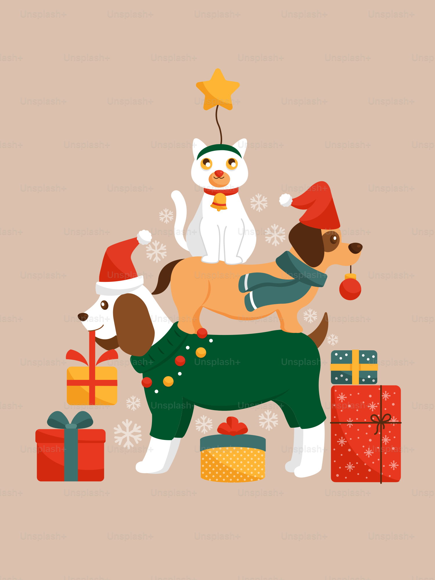 A dog sitting on top of another dog next to presents