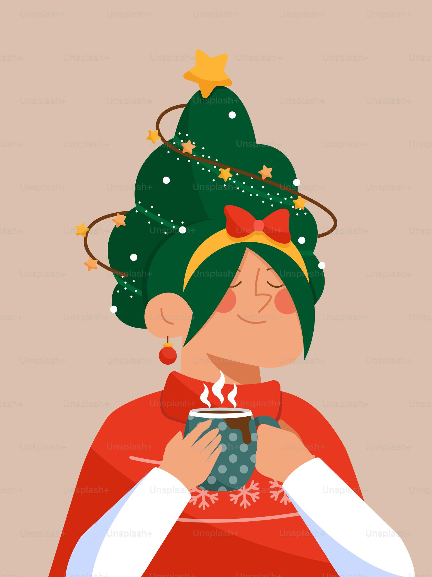 A woman with a christmas tree on her head holding a cup of coffee