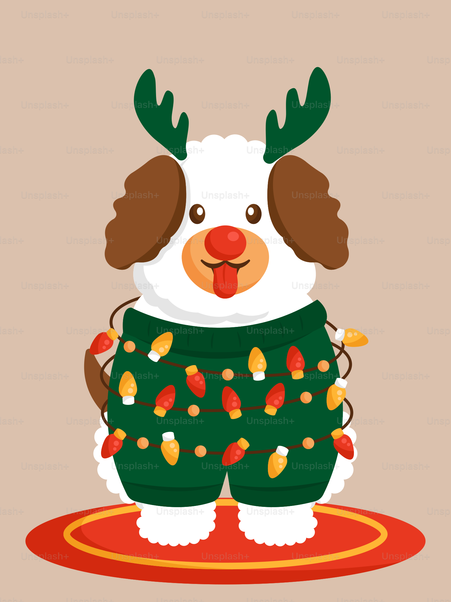 A dog wearing a sweater with christmas lights on it
