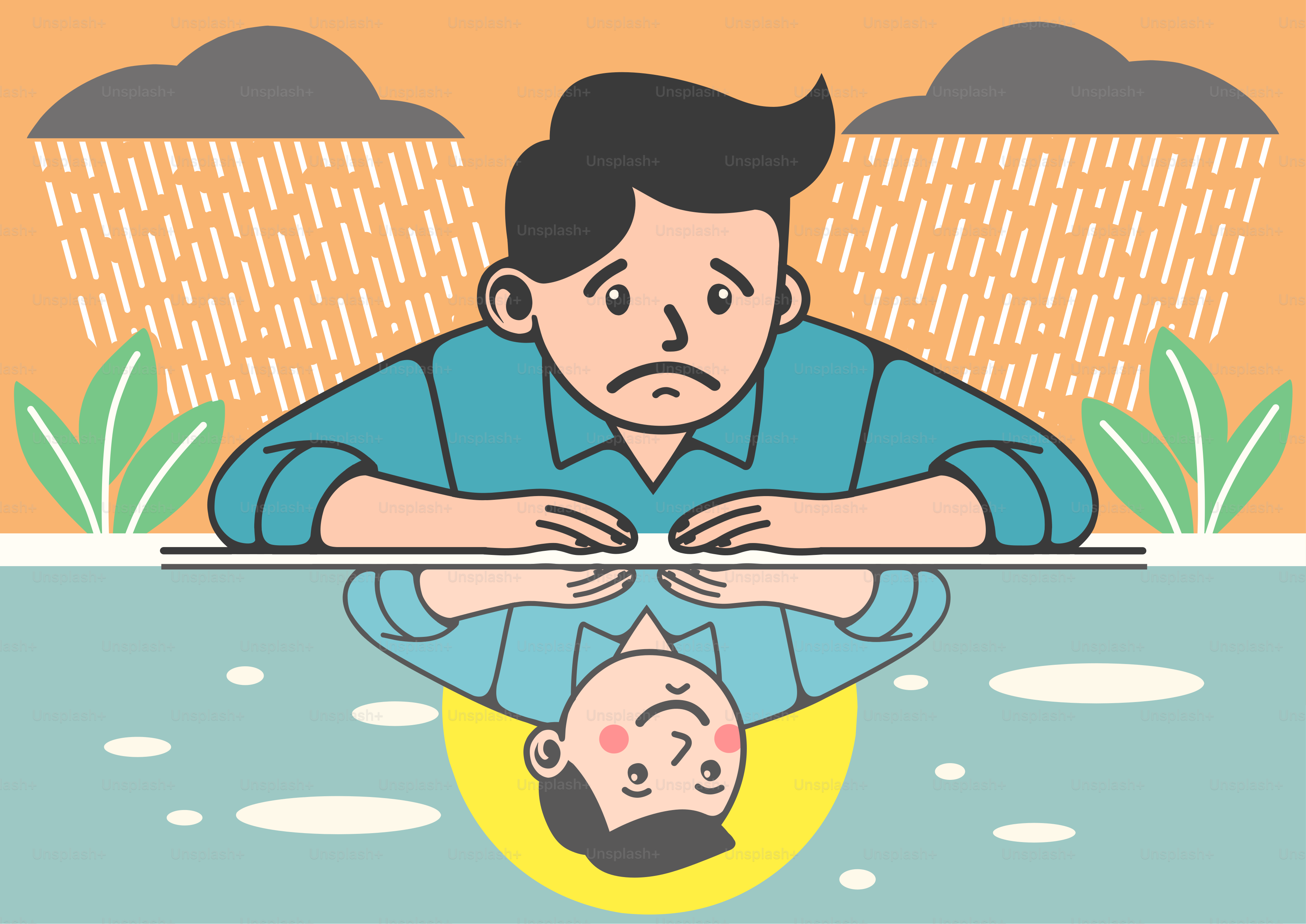 A man is sitting in the water with his head in the water