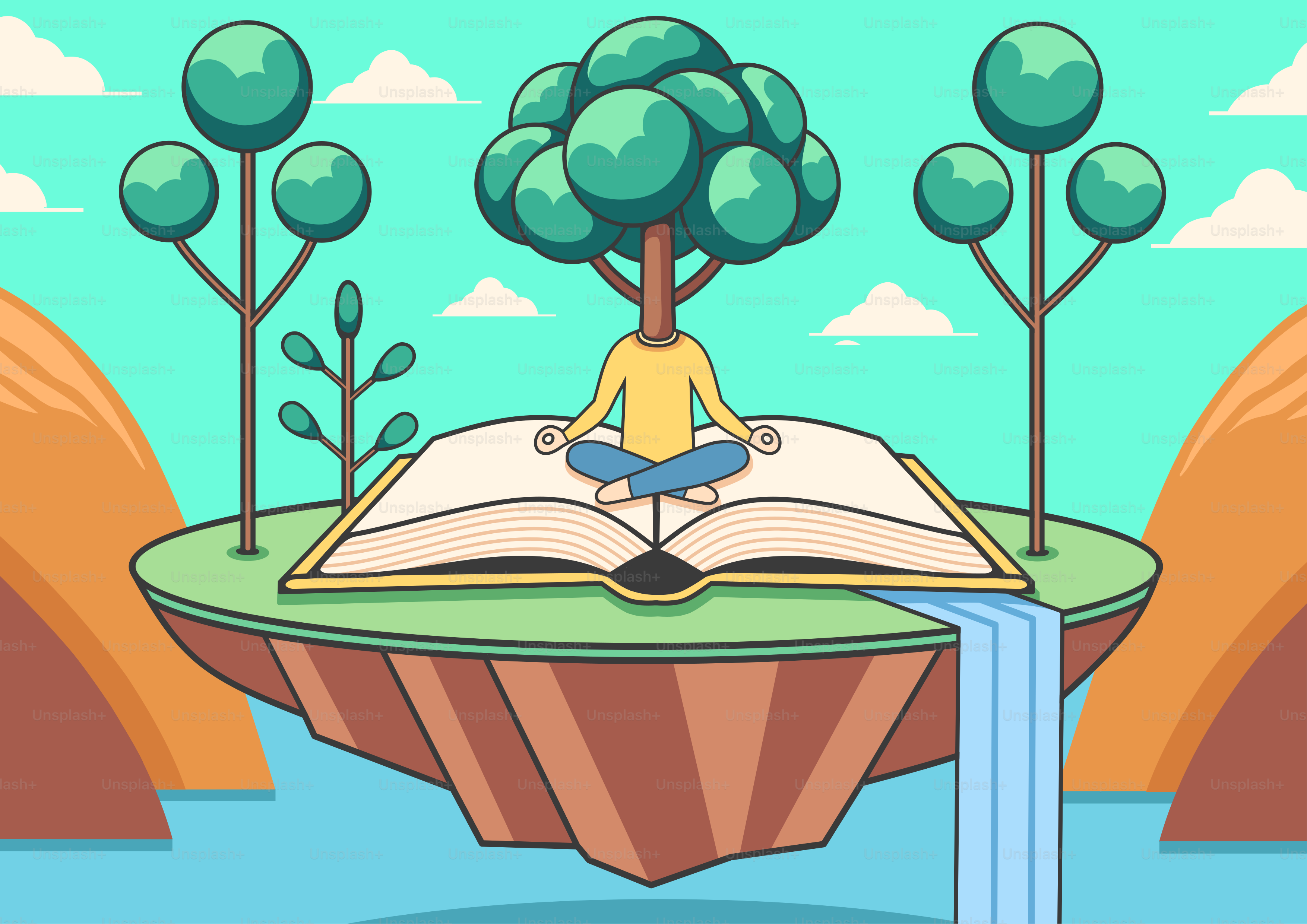 A person sitting on a book floating in the air