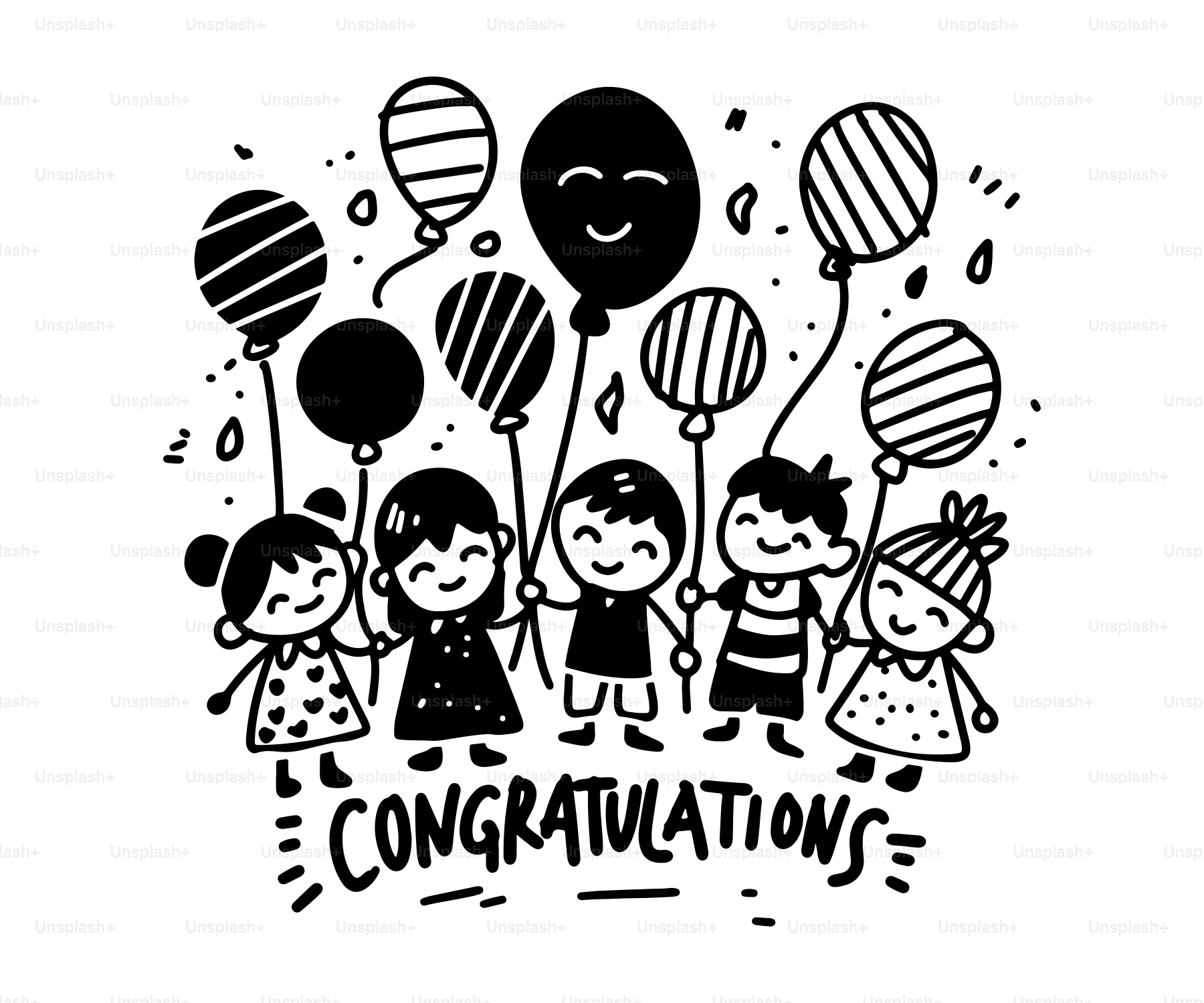 Un dessin en noir et blanc d'enfants tenant des ballons vectoriel – Image  de Art sur Unsplash, image size:3000x2500
