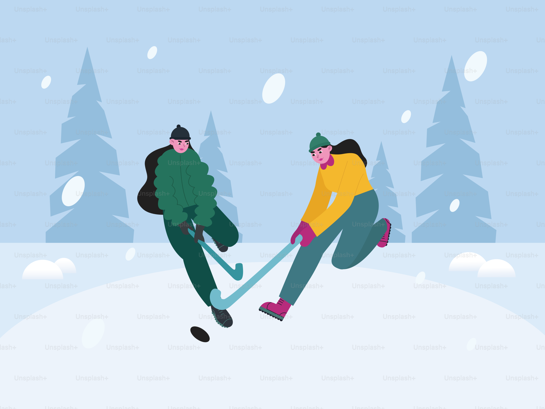 A couple of people riding skis down a snow covered slope
