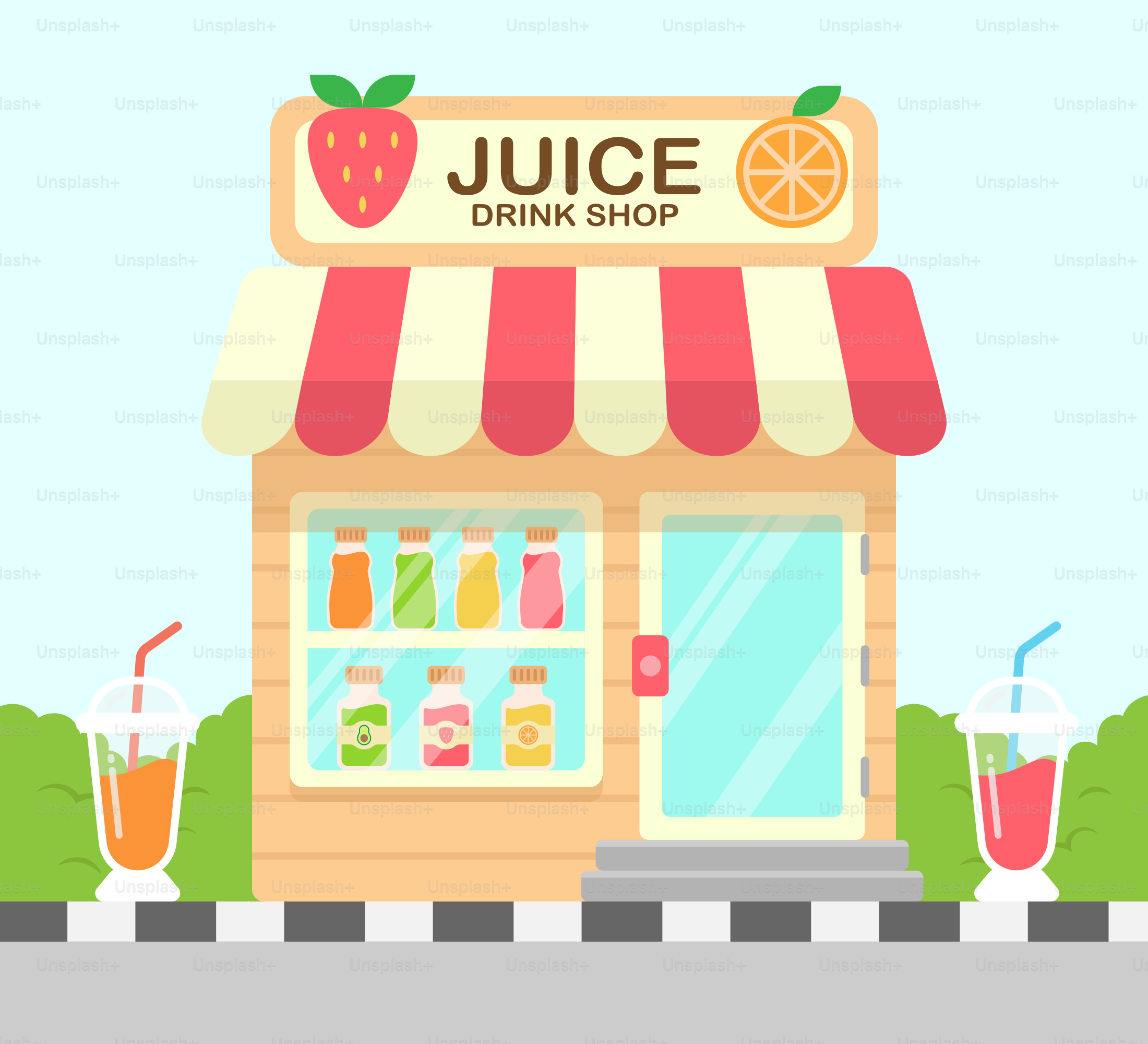 A juice shop with oranges and juice in front of it